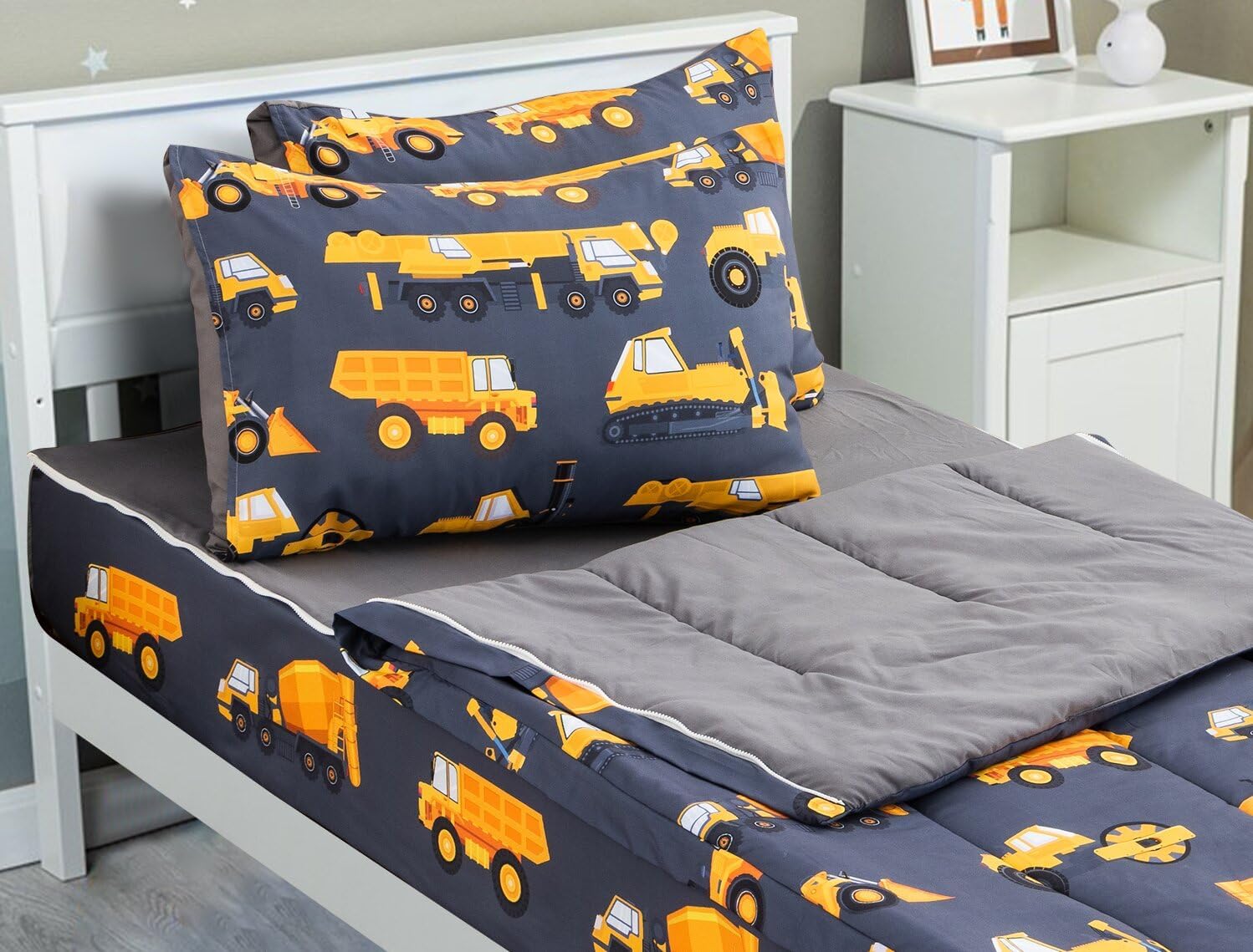 Meeting Story 3pcs Kids Comforter Sets Zipper Bedding Set for Boys,Twin Kid Bedding Set Car Comforter Construction Bedding for Kid,All in one Zipper Bedding?Grey,Twin?