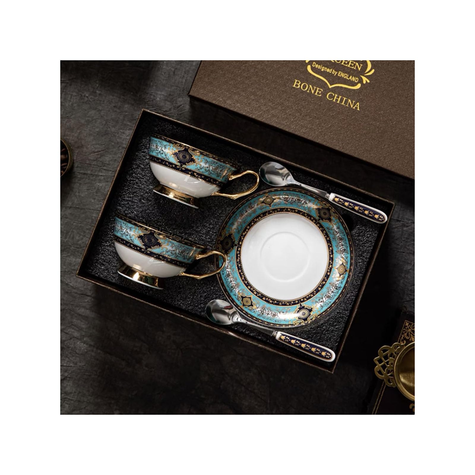 YUDIZWS Set di tazze da tè in porcellana con cucchiaio d'oro e confezione regalo, tazze da caffè da tè e piattini Set di 1 tazza da tè in porcellana Tazza da caffè,6pcs