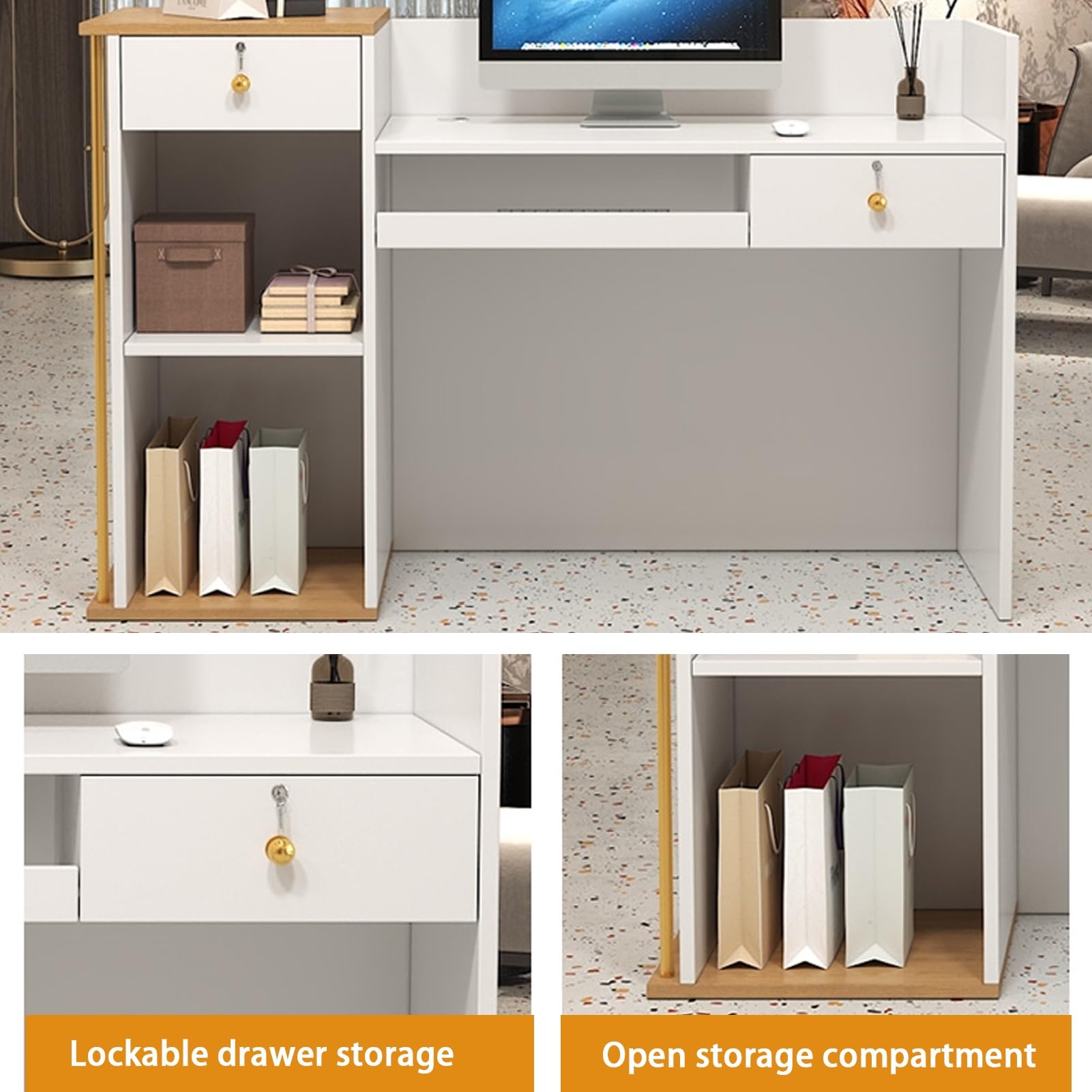 Comptoir de Réception, Comptoir D'accueil, Table de Réception avec Grand Rangement, Comptoir de Caisse Spacieux, Comptoir de Caisse, Parfait Pour Les Espaces de Réception de Bureau(Apricot,120c