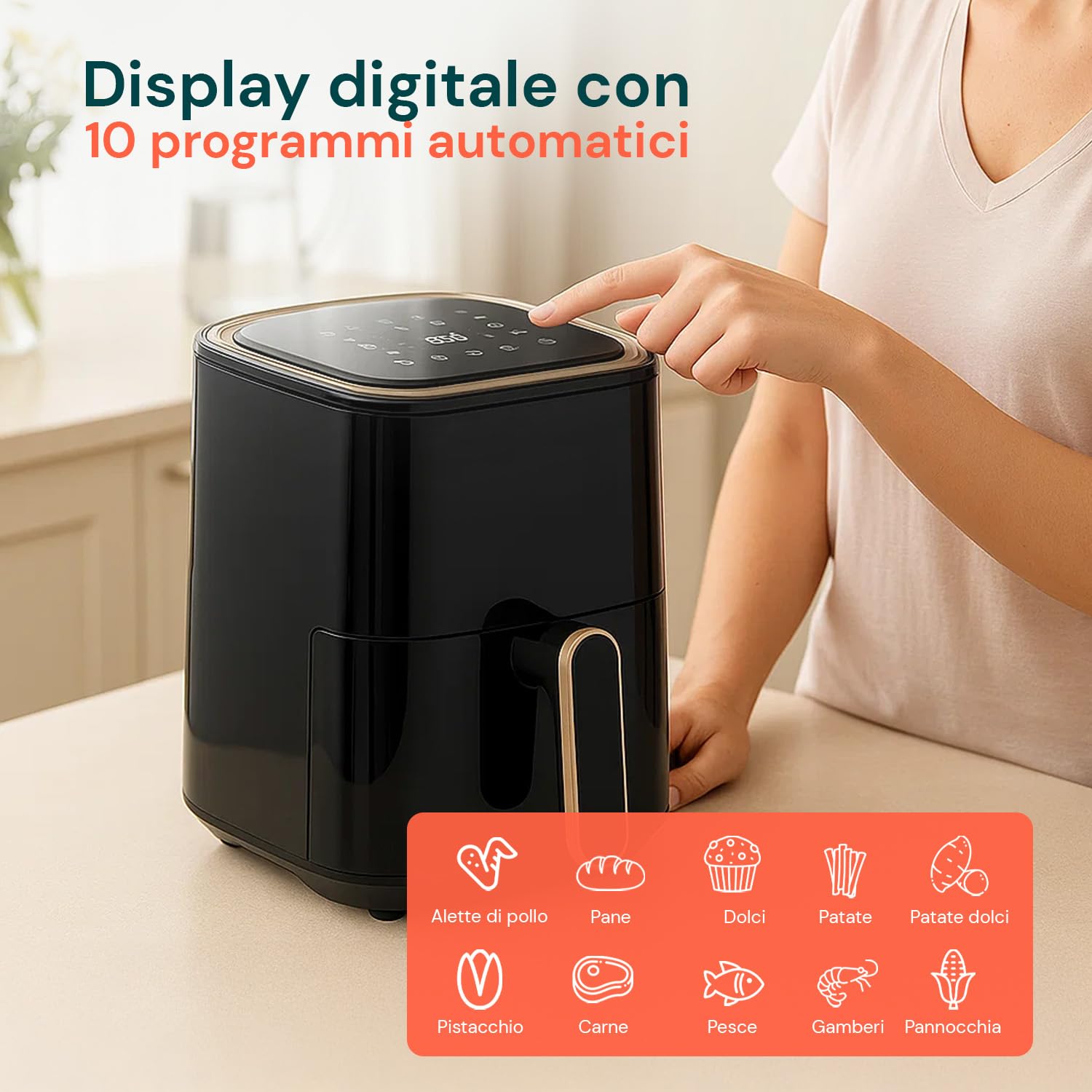 Wintem - Friggitrice ad Aria Digitale da 4L con Display Touch e 10 Programmi per Cottura Sana e Croccante, Ideale per Cucinare Senza Olio con Timer Regolabile e Vassoio Estraibile