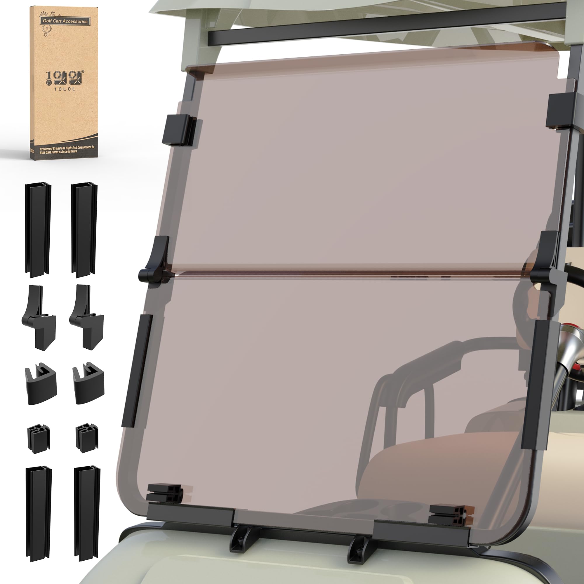 Photo 1 of 10L0L Golf Cart Fold Down Windshield for Yamaha G14 G16 G19, Fits 1995-2003 Gas & Electric Models, 5MM Polycarbonate Front Replacement Windshield, Clear/Tinted, Hardware Included