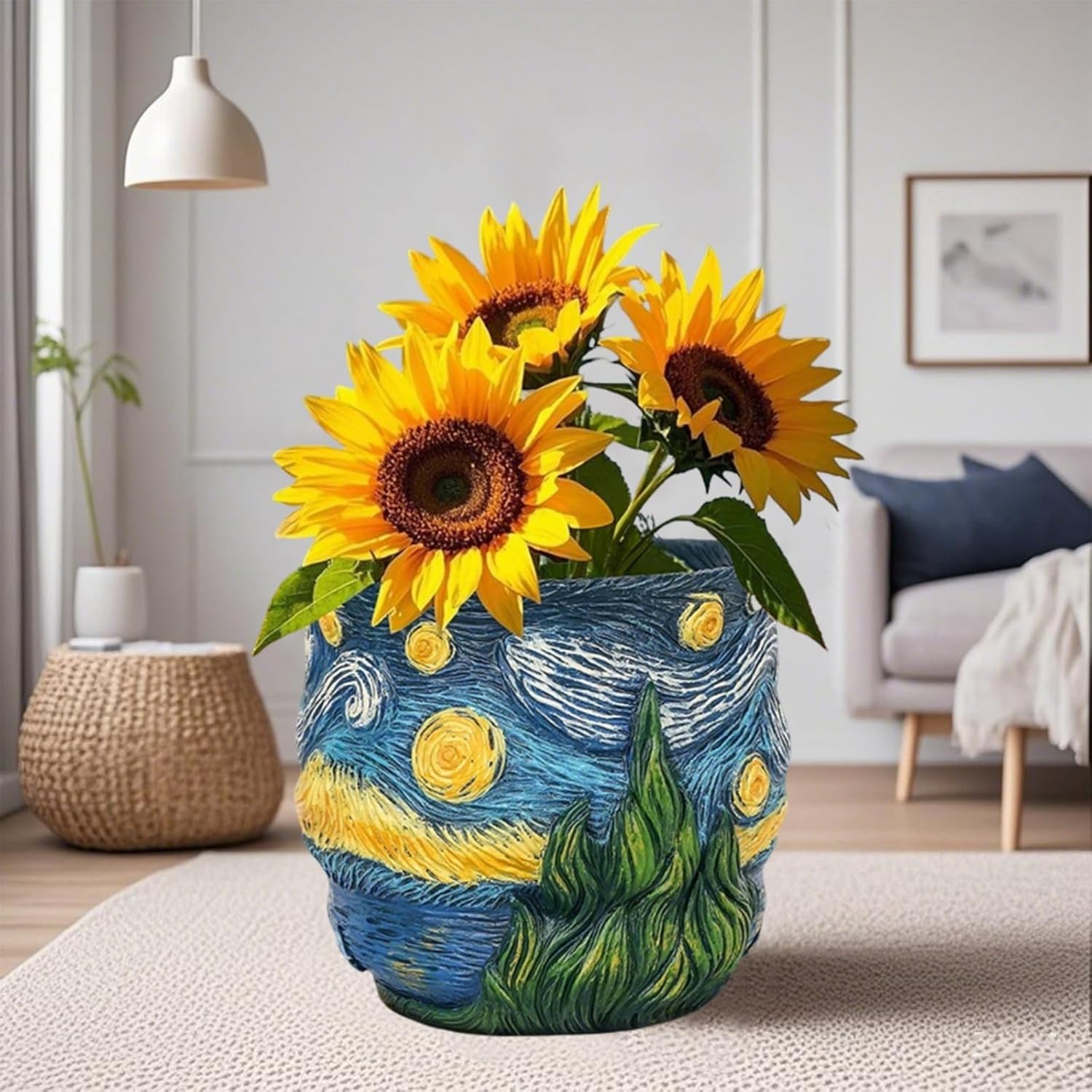 Starry Night Planter Pots Van Gogh Inspired Acolorful Art Flower Pot with Artistic Brushstroke Design Resin Funky Vase for Home Balcony Decoration