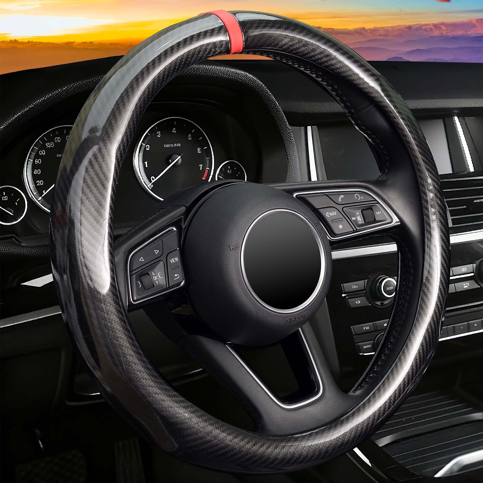 ZHOL Carbon Fiber Steering Wheel Cover Universal 15-Inch Fashion Sport Auot Car Steering Wheel Covers for Men, Non-Slip, Black