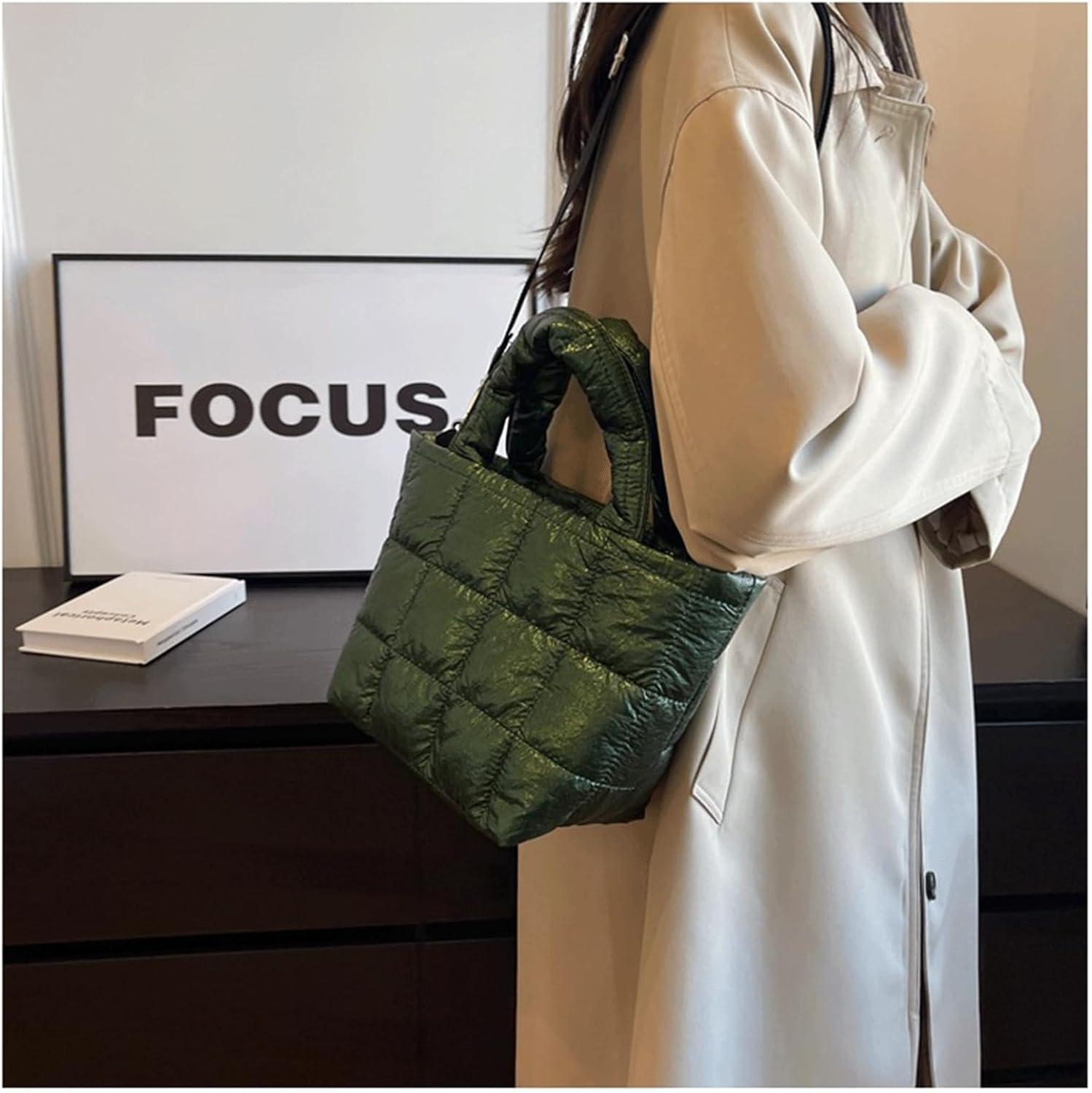 Puffer Tote Bag with Pendant Quilted Shoulder Bags for Women Lightweight Handbag Puffy Cross Body Bags