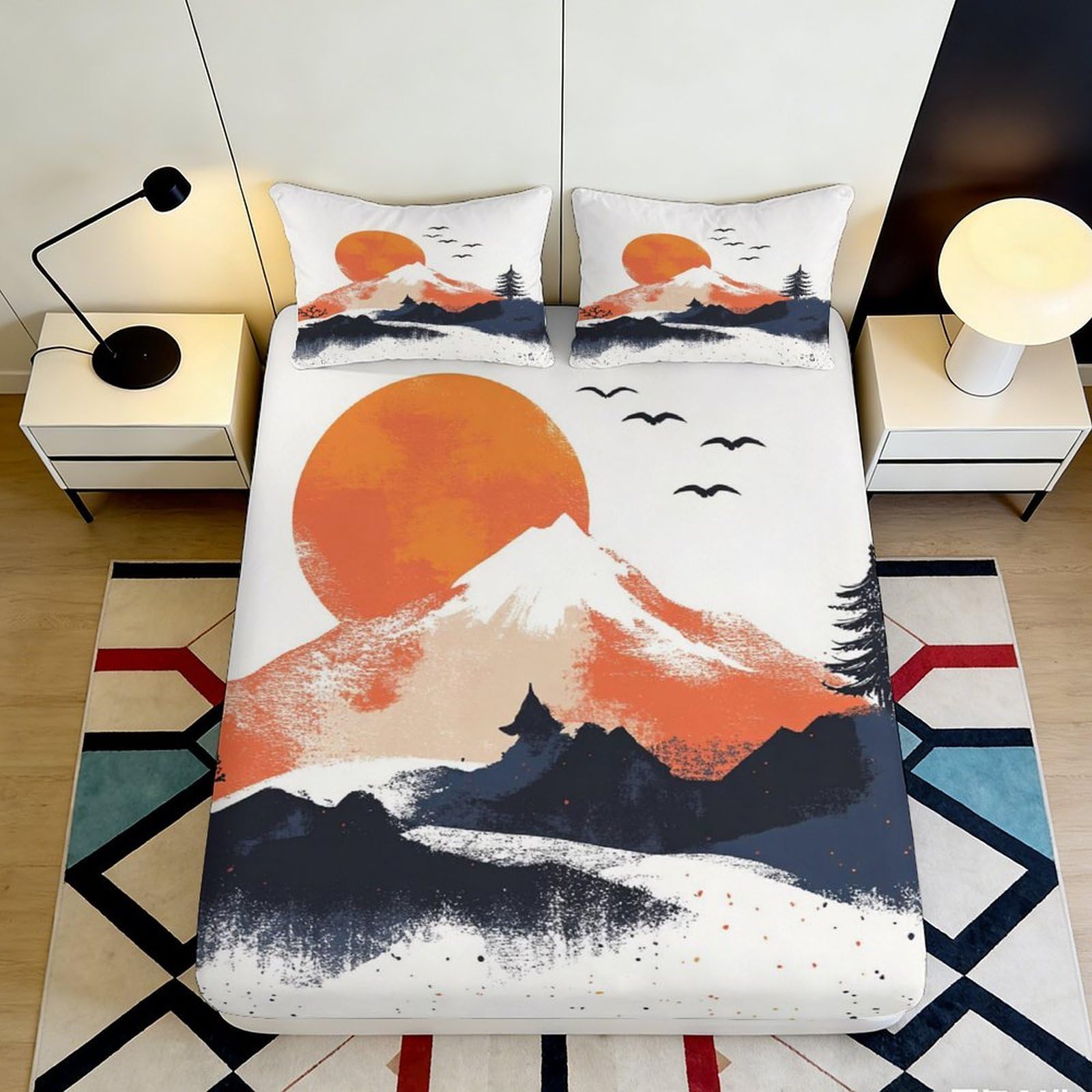 3D Printed Sunset Mountain Fitted Sheet Microfiber Deep Pocket Elastic Hem Bedding Set Sunset Mountain Mattress Fitted Cover Washable 200x200x25cm