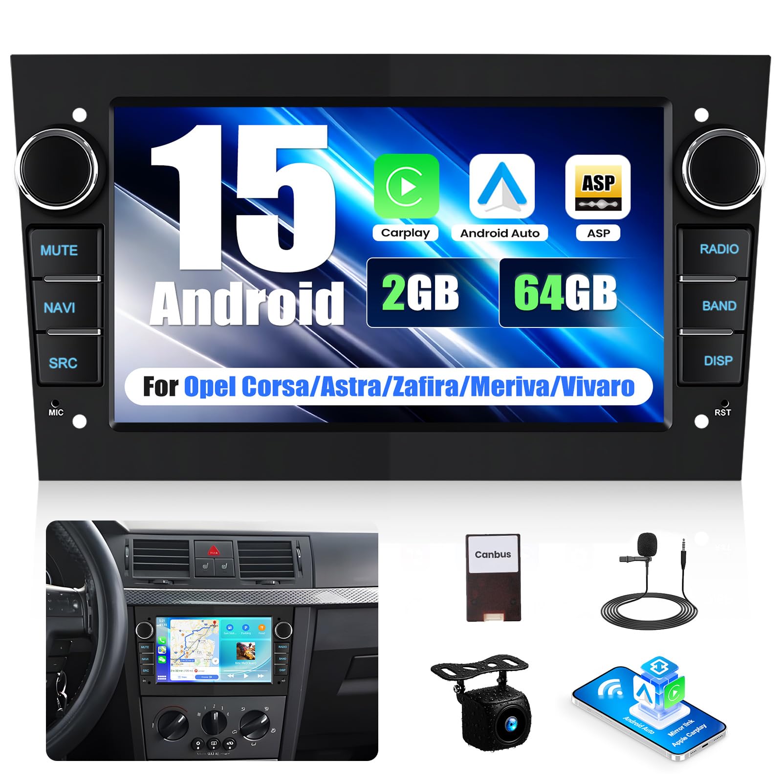 CAMECHO [2+64 GB] Android 15 odtwarzacz samochodowy z funkcją CarPlay dla Opel Astra H Zafira B Corsa C D nawigacja Android Auto bezprzewodowa 9-calowy ekran dotykowy WiFi Bluetooth MirrorLink FM/RDS
