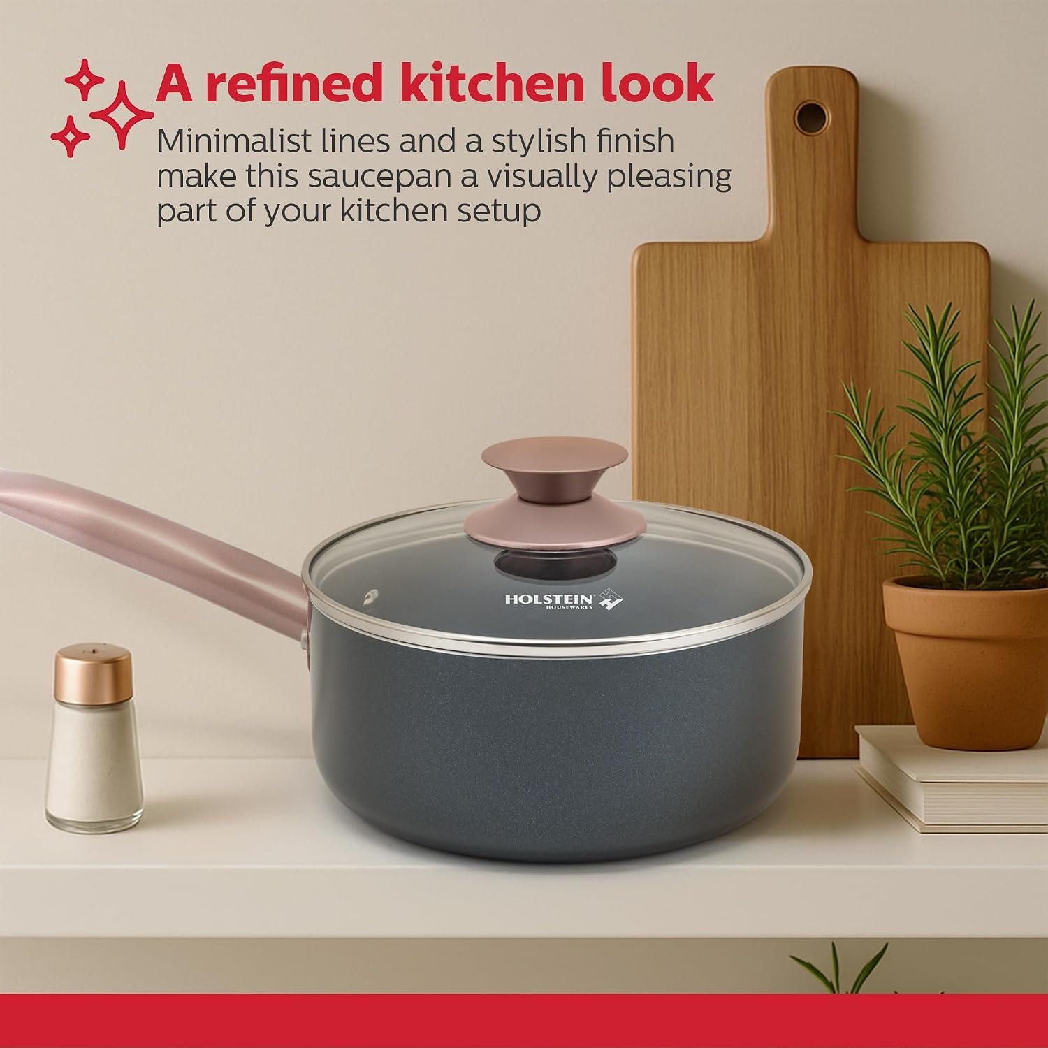 Housewares 2.5QT Ceramic Nonstick Saucepan with Glass Lid, Multipurpose Sauce Pan with Stainless Steel Handle, Induction Bottom – Stylish, Durable & Easy to Clean, Cool Grey & Rose Gold