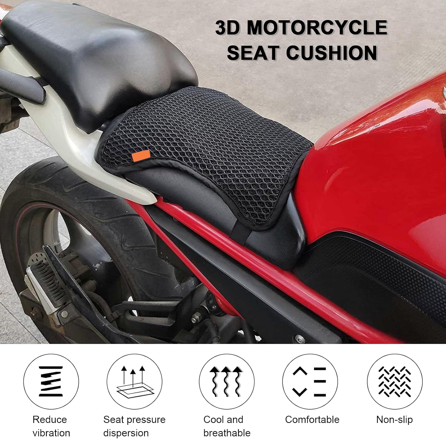 SaferCCTV Motorcycle Seat Cushion Air Cooling 3D Mesh Motorcycle Seat Pad,Butt Protector Pads,Motorcycle Cool Seat Cover,Breathable Motorcycle Seat Cover,Size S