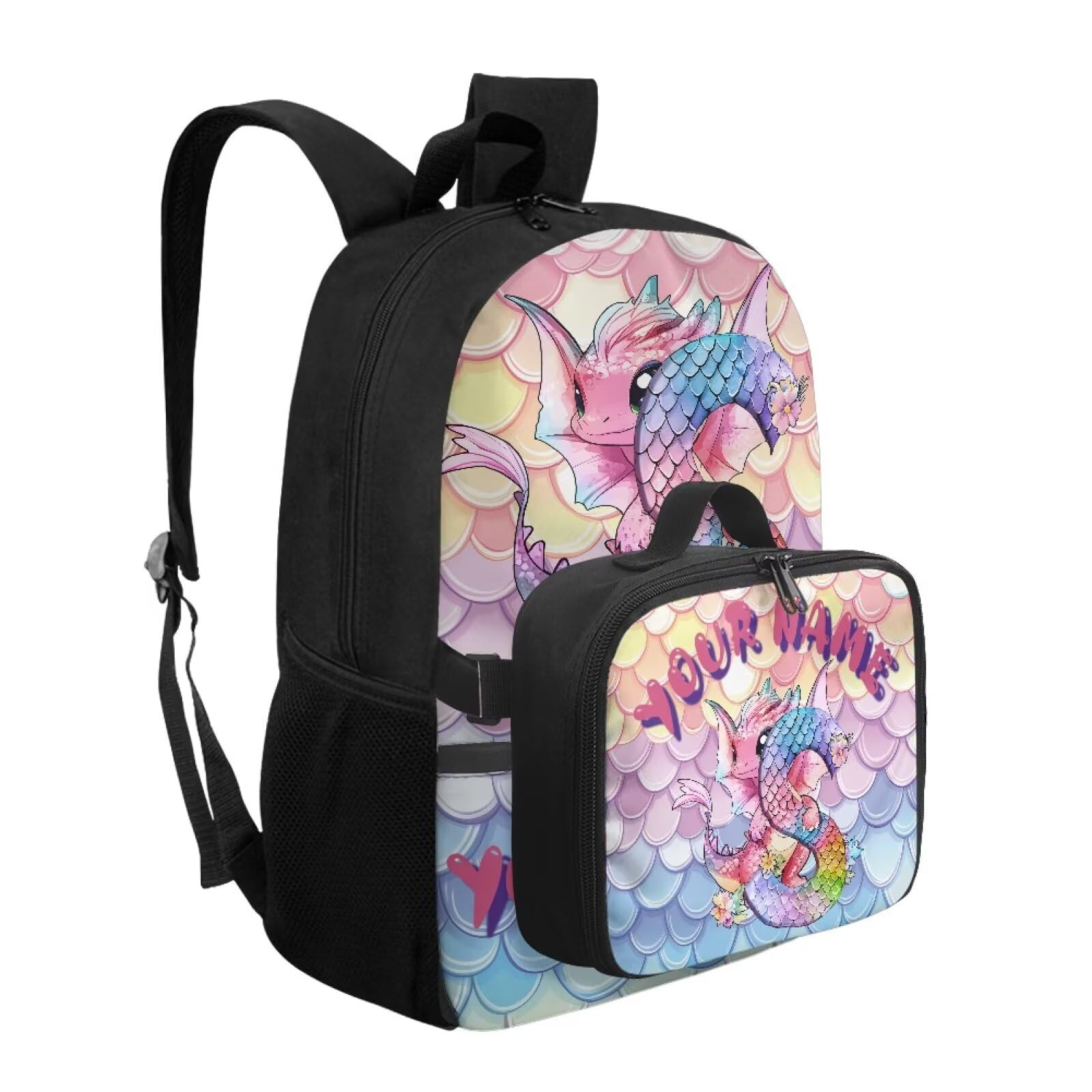 Mochila para niños con nombre personalizado con fiambrera, 2 unidades, preescolar, primaria, personalidad, mochila escolar