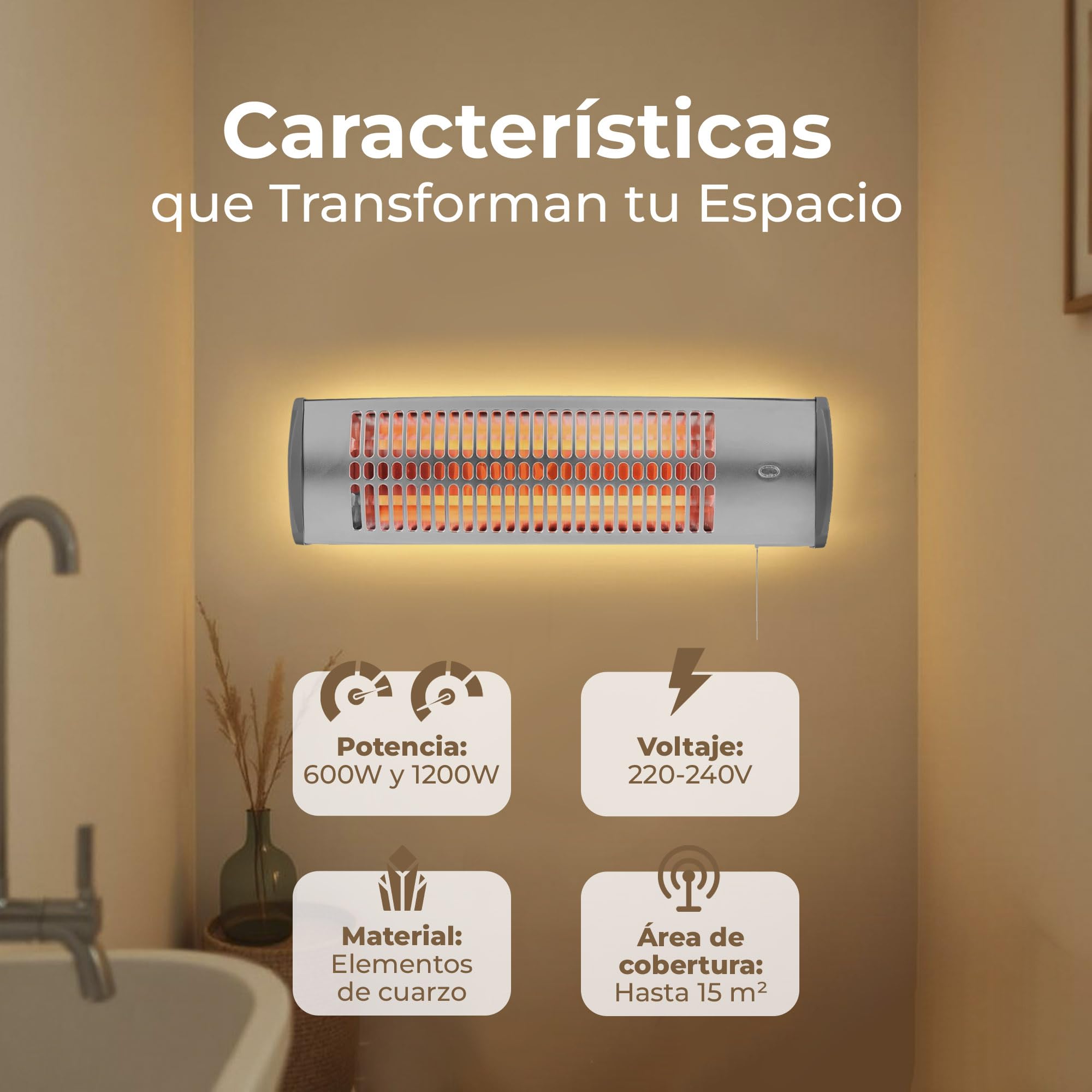 Calefactor Baño Pared - Estufa Baño Infrarrojos - Calentador para Pared con Potencia de 1200 y 600 Watios - Radiador Electrico de Interior de Fácil Instalación