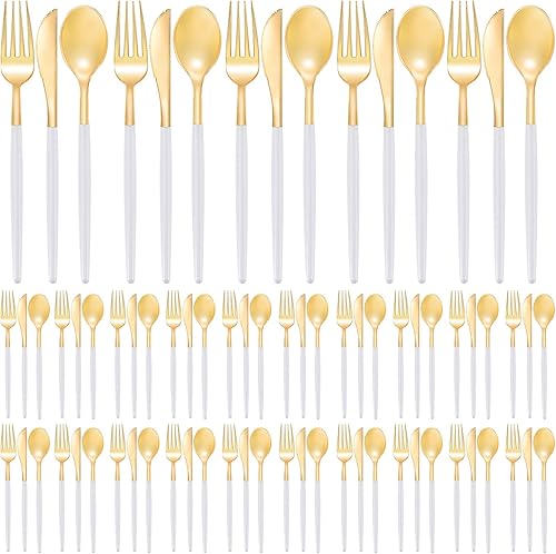 100 cubiertos de plástico dorados cubiertos de plástico cubiertos dorados desechables con mango blanco juego de utensilios dorados incluye 100