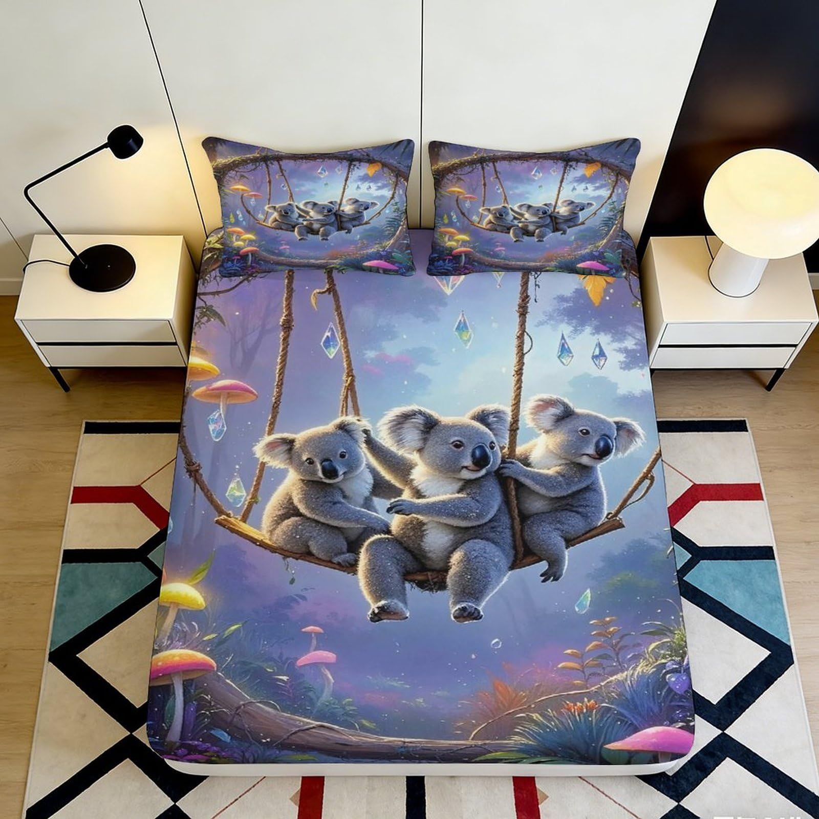 3D Printed Koala Swing Fitted Sheet Microfiber Soft Blue Cartoon Mattress Cover for Bedroom Guest Room Decor 90x200x25cm