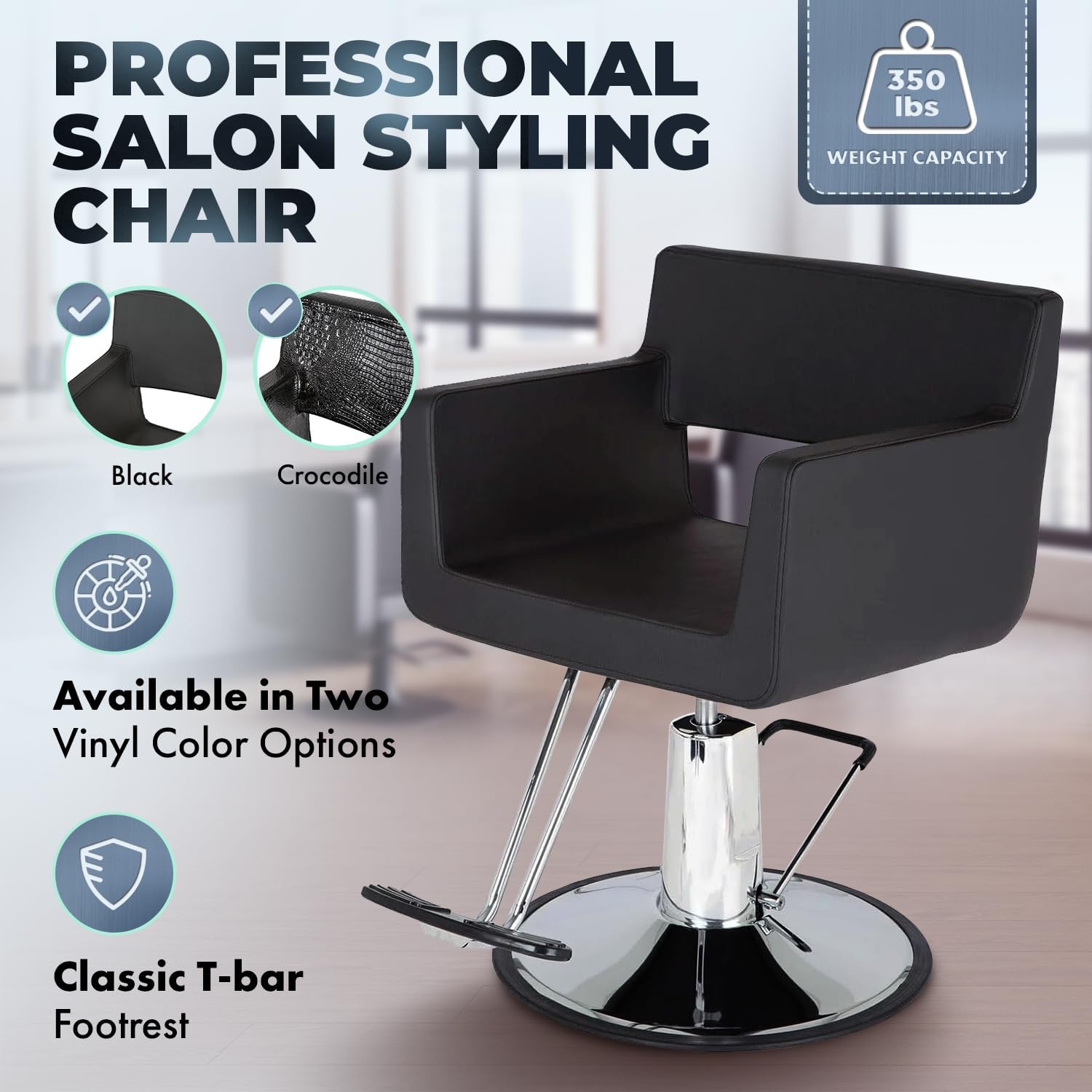 Buy-Rite Rosa Styling Chair for Professional Salons & Barbers – Standard Black Vinyl, 23" Chrome Base, Hydraulic Pump, Seamless Design, T-Bar Footrest, Wide Seat with Low-Cut Back, YLG-ROSASTYL-BLK