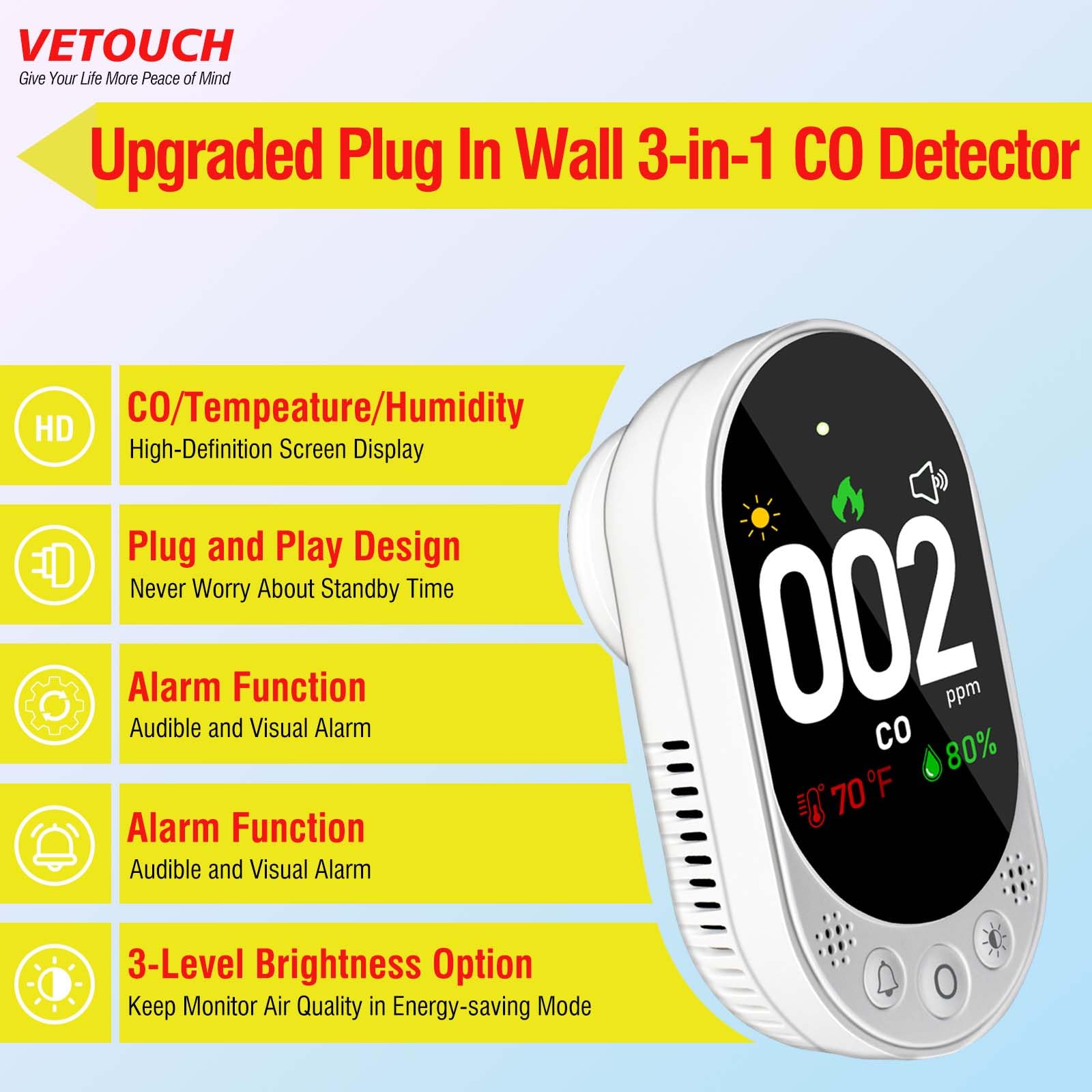 Carbon Monoxide Detector Plug in, Portable Carbon Monoxide Detectors, Simultaneously Checks Temperature/Humidity, Remind Function,Clear LCD Display,for Home Kitchen RV Travel CO Detector - 3