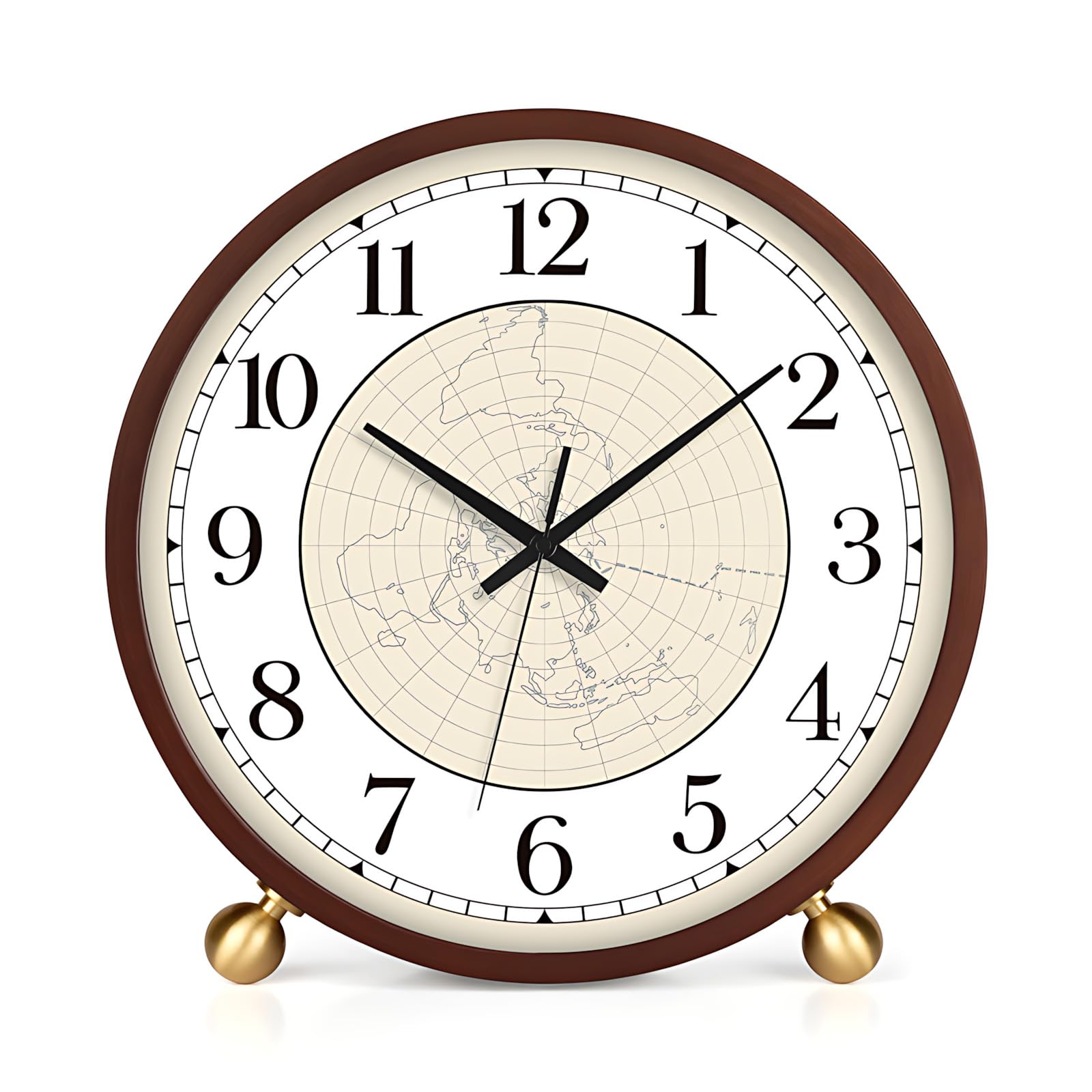 Maxspace Reloj de mesa silencioso de madera de 8 pulgadas, reloj de escritorio, funciona con pilas, reloj redondo para decoración de sala de estar, oficina, dormitorio (nogal - mapa)