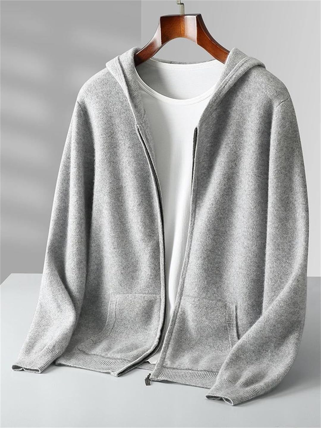 Men's 100% Merino Wool Hooded Zipper Cardigan Sweater Thick Long Sleeve Tops