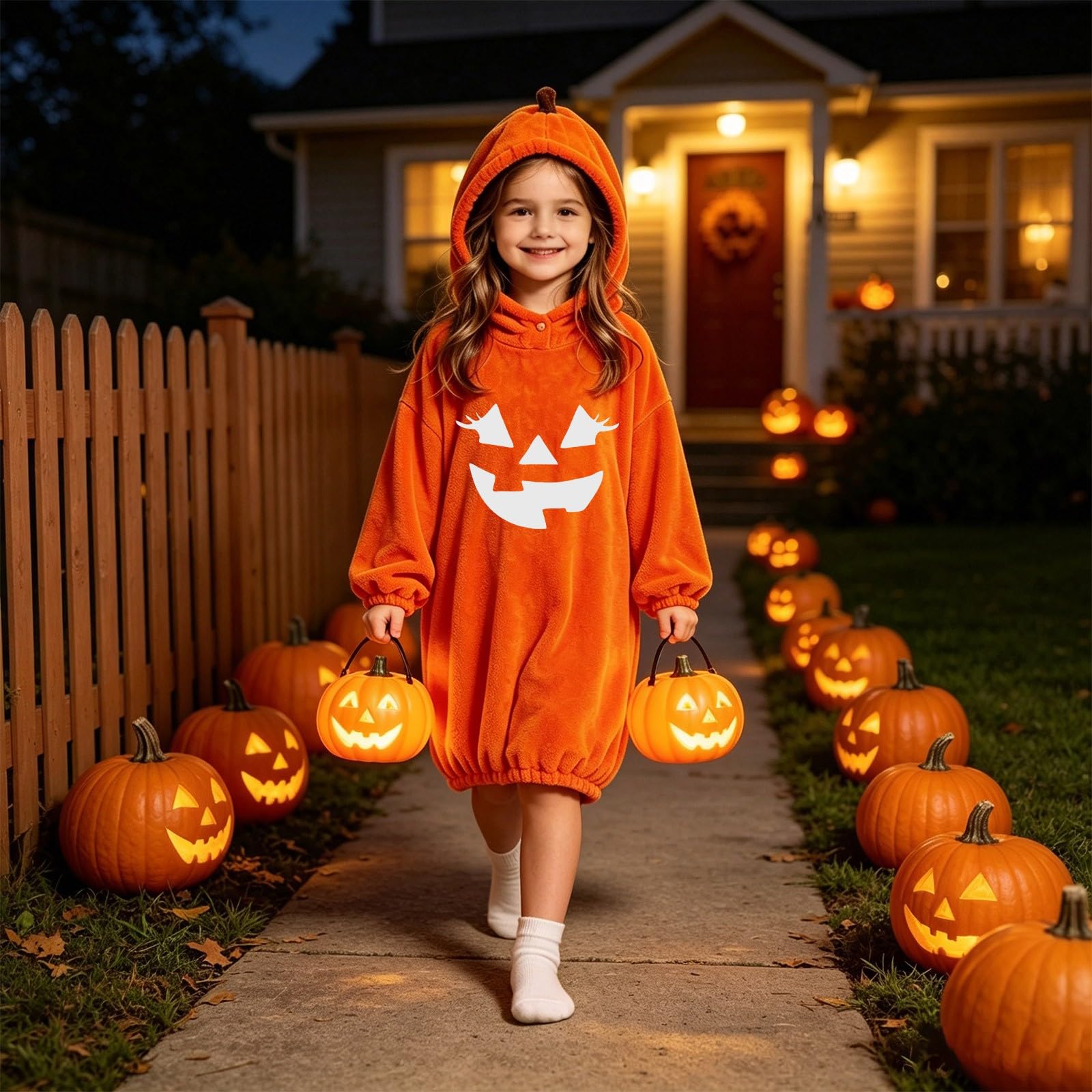 Túnica larga con capucha para niñas con diseño de calabaza y Halloween