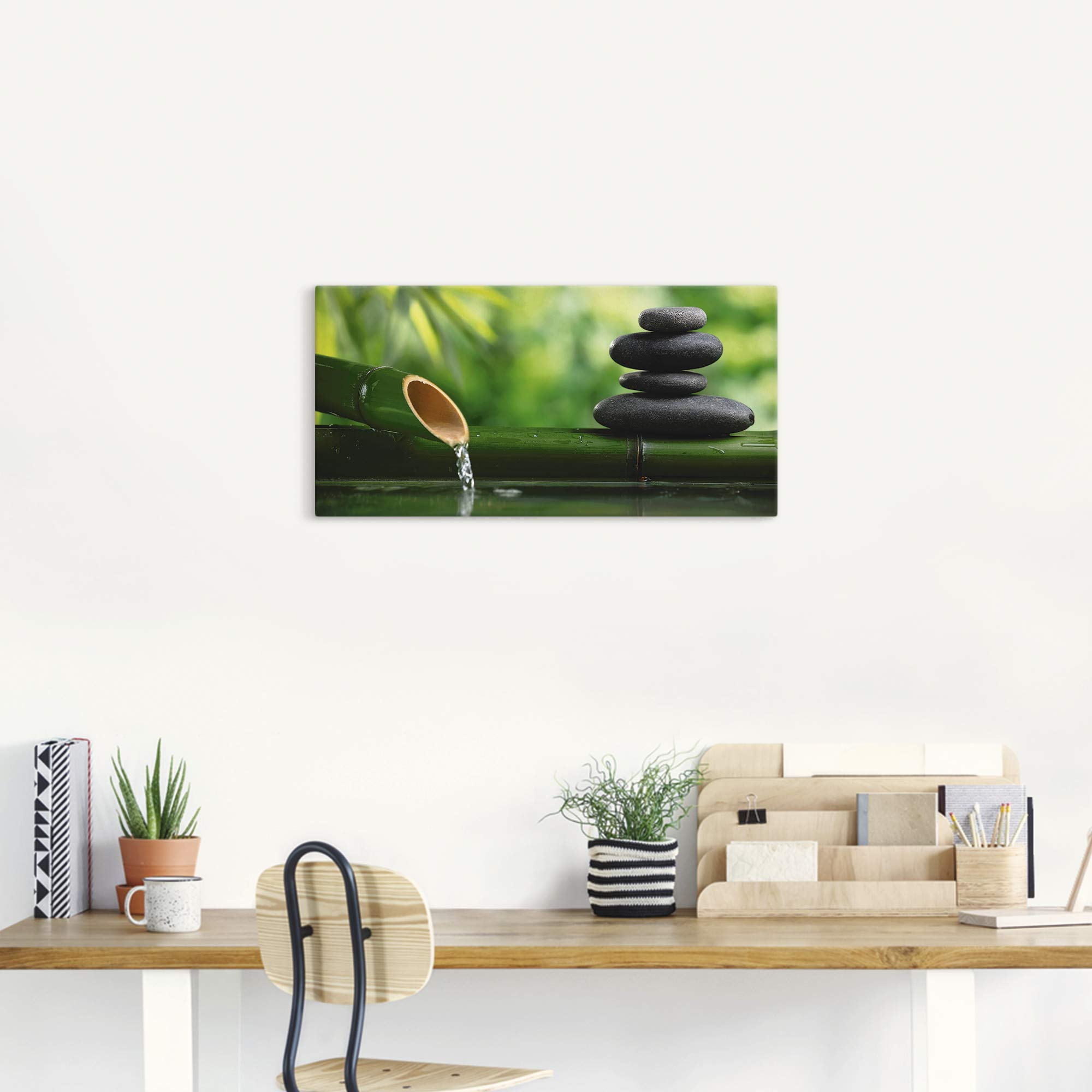ARTLAND Wanddeko Leinwand Bilder Wandbild 100x50 cm Wellness Zen Stein Fotografie Grün Bambusbrunnen und Zen-Stein S5YF
