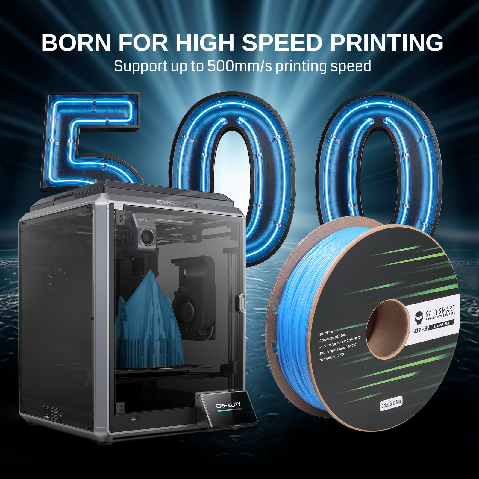 SainSmart High Flowability Solid Color Filament TPU 1,75 mm do szybkiego druku 500 mm/s, 1 kg, czarny