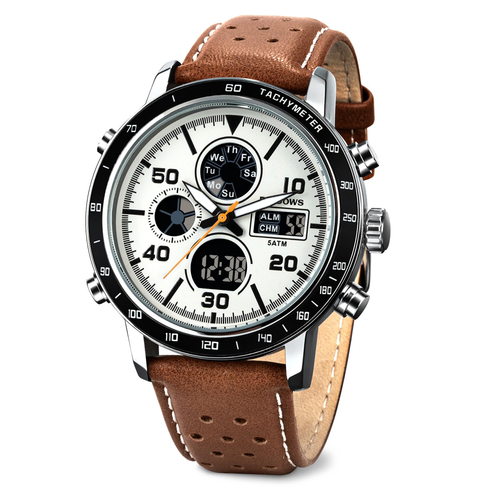 PINDOWS Herrenuhren, bis 30 m wasserdicht, militärische Digitale Analoguhr, Outdoor-Sportuhr, multifunktionale Lederarmbanduhr mit Dualzeit, LED-Hintergrundbeleuchtung, Alarm, Stoppuhr und Kalender