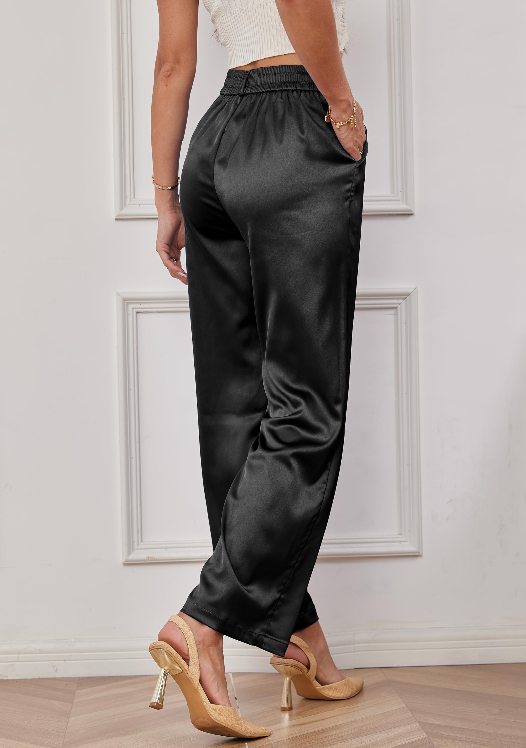 Fakanhui Pantalon large en satin pour femme - Pour le travail, les fêtes, les mariages