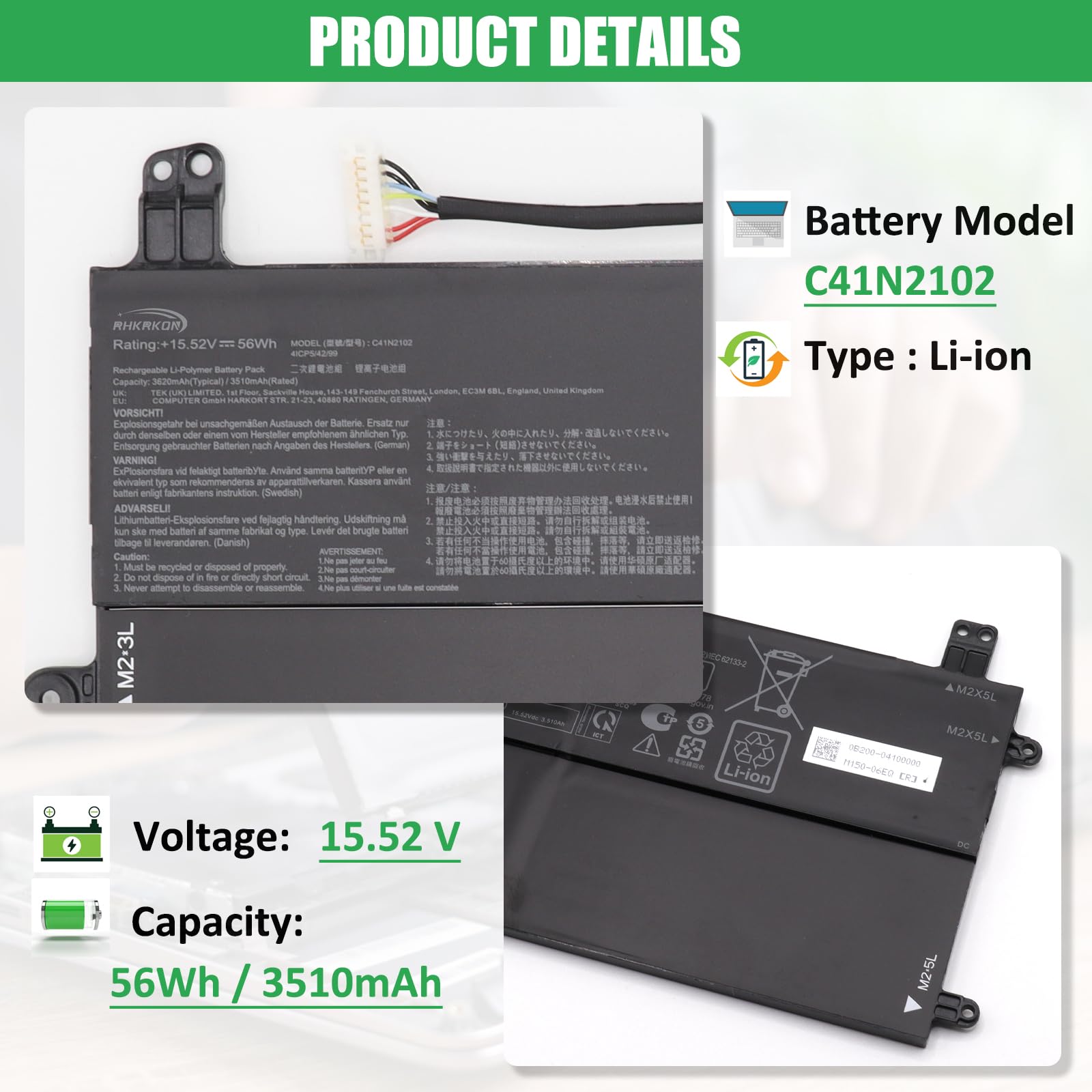 Amazon.com: RHKRKQN C41N2102 Laptop Battery Replacement for Asus 