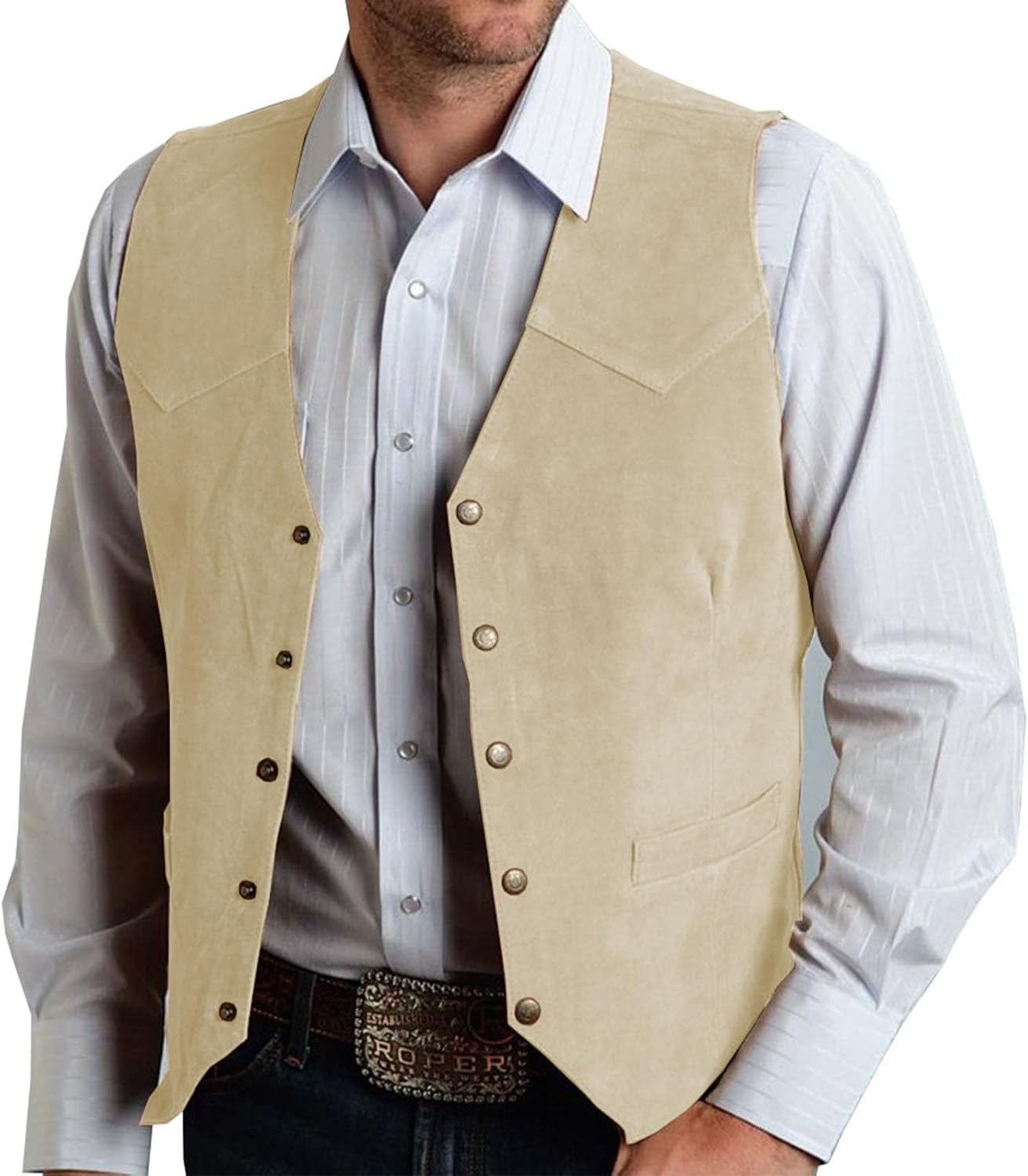 Cambkatl Men's Vintage Suede Leather Western Cowboy Waistcoat - Button Up V Neck Sleeveless Business Suit Vest
