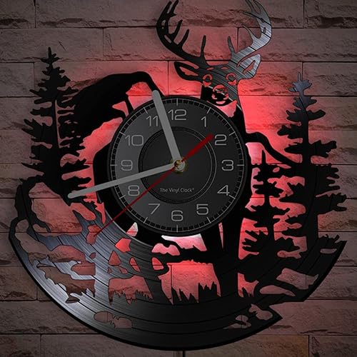 Miniatura 2 de Reloj de pared de vinilo LED de caza de ciervos con 7 colores que cambian de álbum reutilizado, naturaleza, vida silvestre, paisaje, sombra de alce,