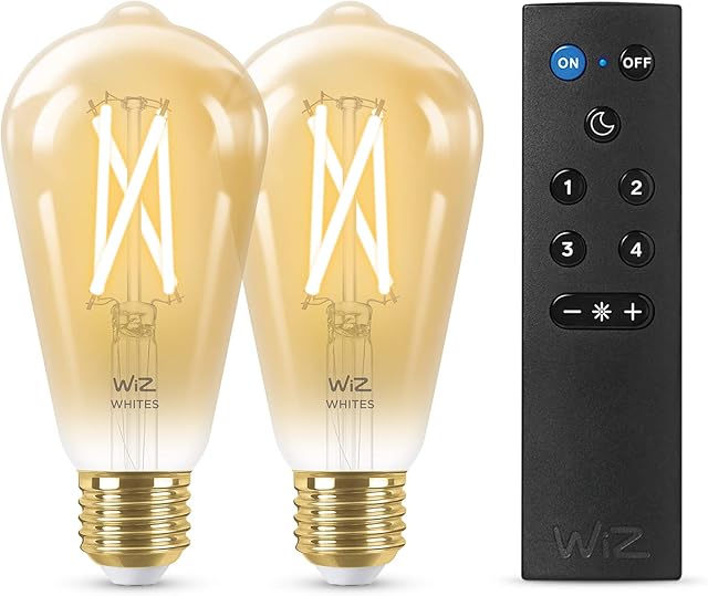WiZ Dimmable White [E27 Edison Screw] Smart Connected WiFi Filament ST64 Amber Light Bulb 2 Pack + WizMote. App Control for Indoor Home Lighting, Livingroom and Bedroom