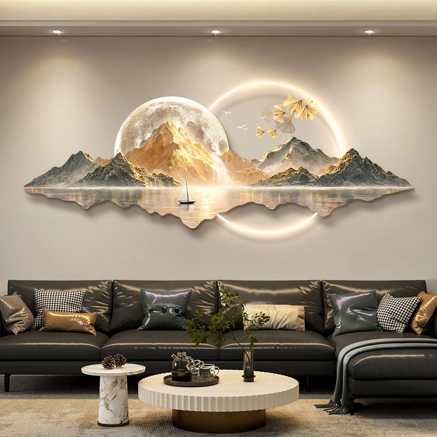 LED 3D Landscape Wall Art Decor, Large Illuminated Mountain Sculpture with Remote Control, Acrylic Crystal Porcelain Light Up Wall Hanging for Living Room & Entrance(A,120 x 45 cm/47.2x 17.7 in)