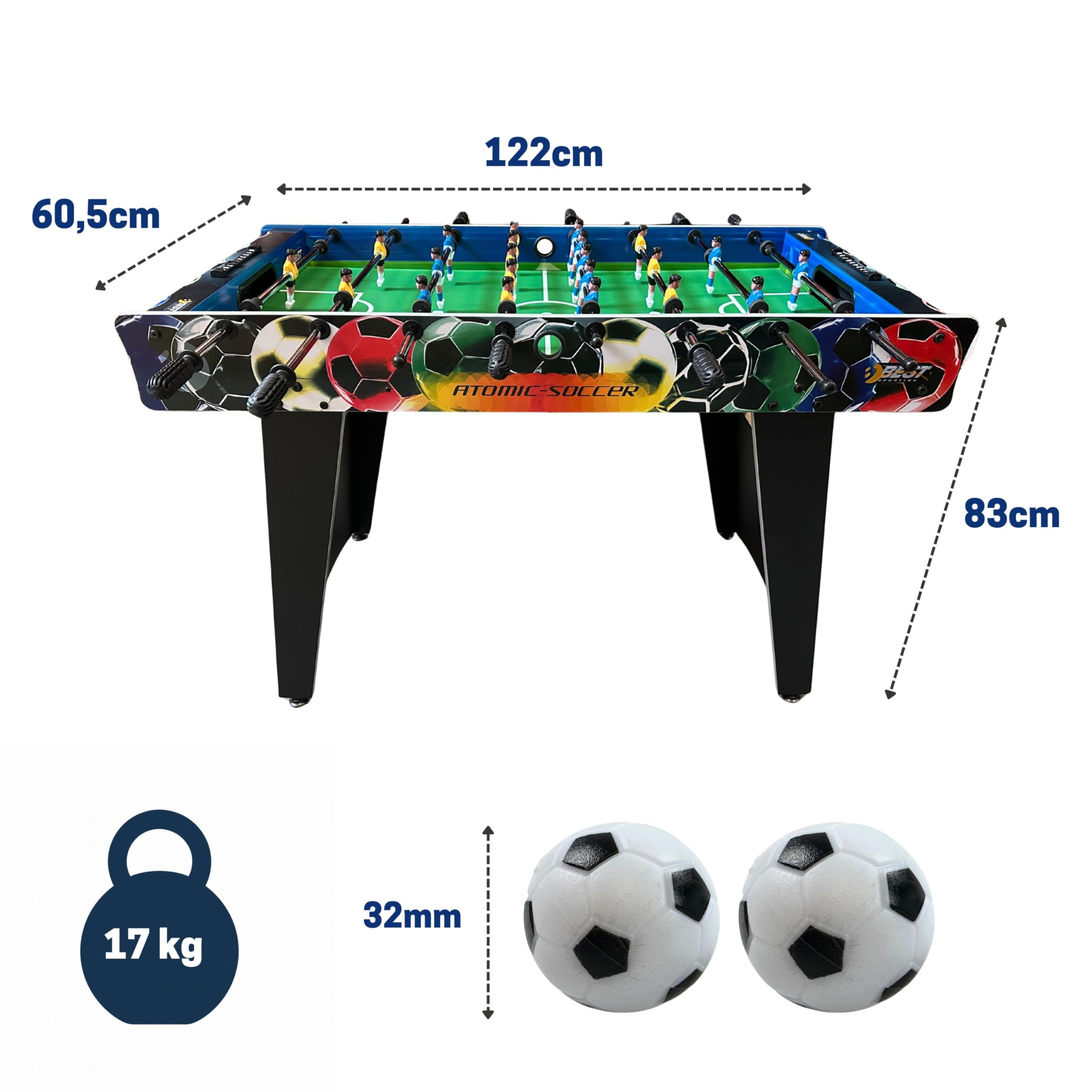 BEST SPORTING Tischkicker Kinder & Erwachsene | Kickertisch Spiele, Tischfussball & Fußball Spielzeug – inklusive 2 Kickerbälle, höhenverstellbare Füße, Antirutsch-Griffe, Atomic-Soccer Design