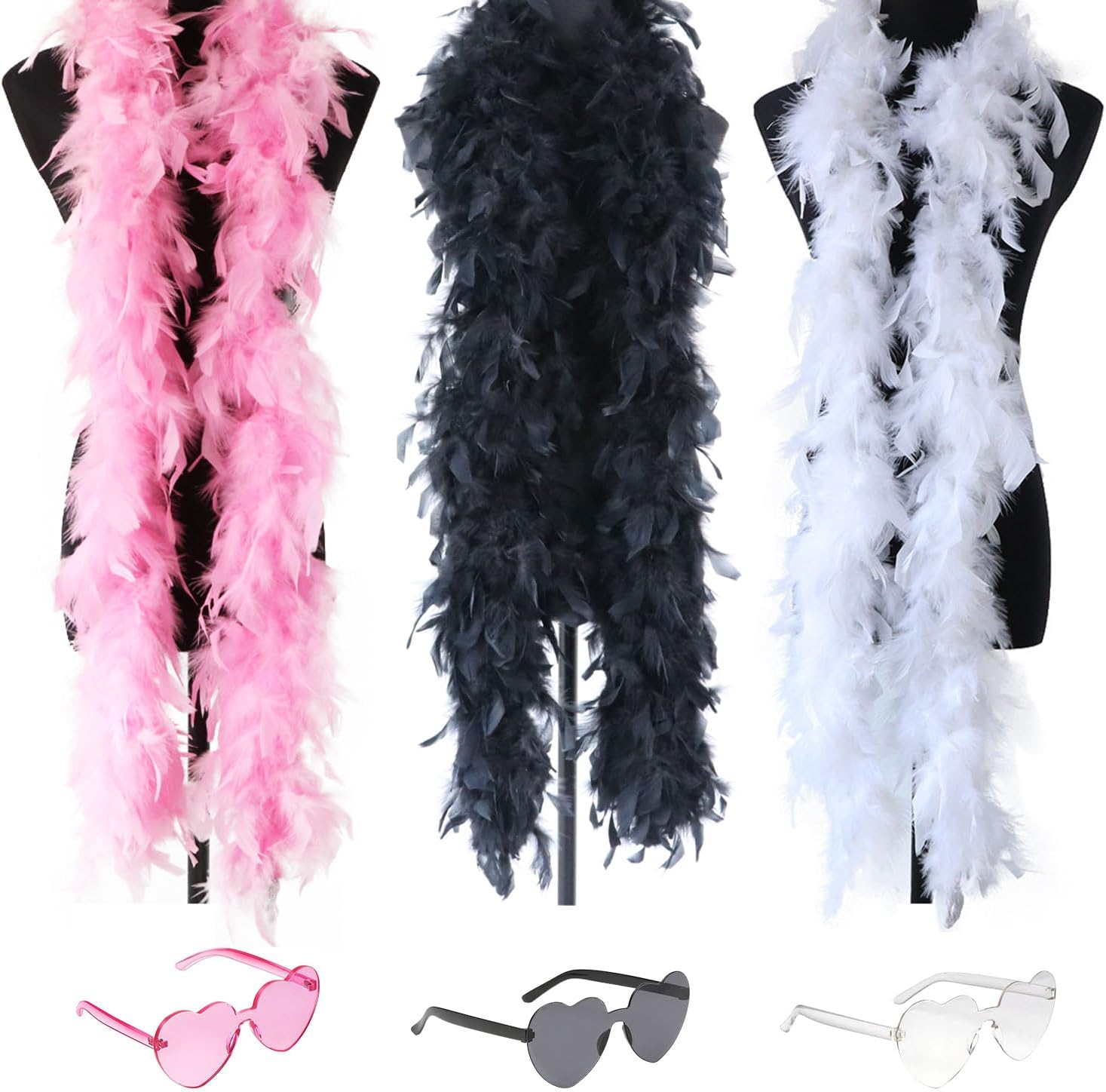 Feather Boas Multipack , 6Pcs Feather Boa and Heart Glasses for Women Dancing Wedding Party Cosplay Halloween (Pink,White,Black)