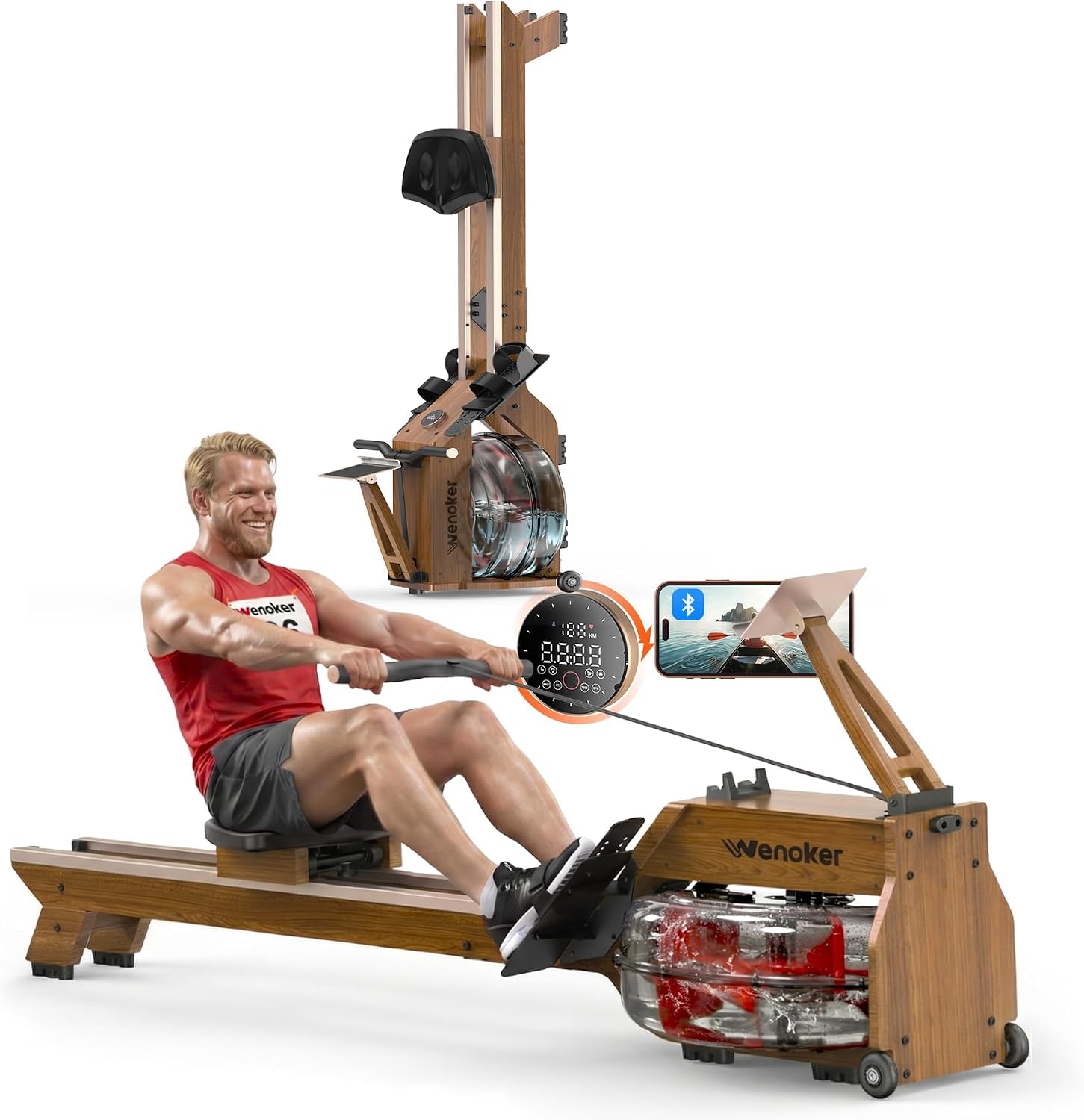 Water Rowing Machine for Home Use, WENOKER Wooden Foldable Rower Machine with Dedicated Monitor & Bluetooth APP, Large Water Tank & Comfortable Seat for Immersive Water Rower, 350LBS Weight Capacity