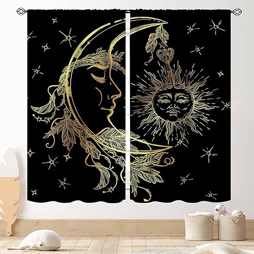 Gothic Sun Moon Curtains, Black Gold Witchy Moon Phase Celestial Tarot Constellation Mystical Star Boho Window Drapery Treatments for Living Room Bedroom Bathroom Kitchen 2 Panels, 42"x45" Inch - 21W x 45L inch (2 Panels) - Celestial-07