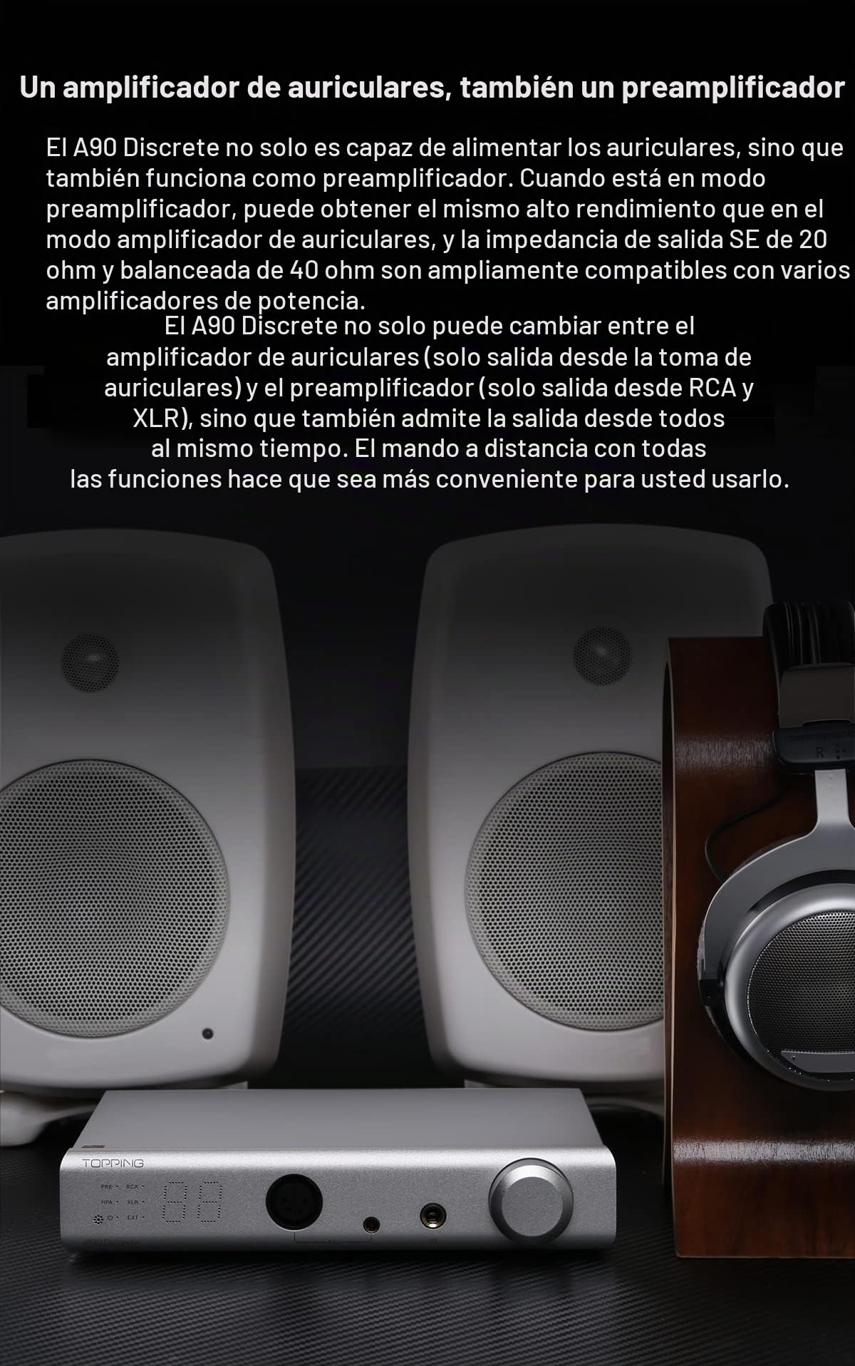 Topping A90 Amplificador de auriculares discreto 4-Pin-XLR 4.4 simétrico NFCA Amplificador completamente discreto simétrico 9800 mW x 2 Potencia de salida 2 ajustes de ganancia Siber