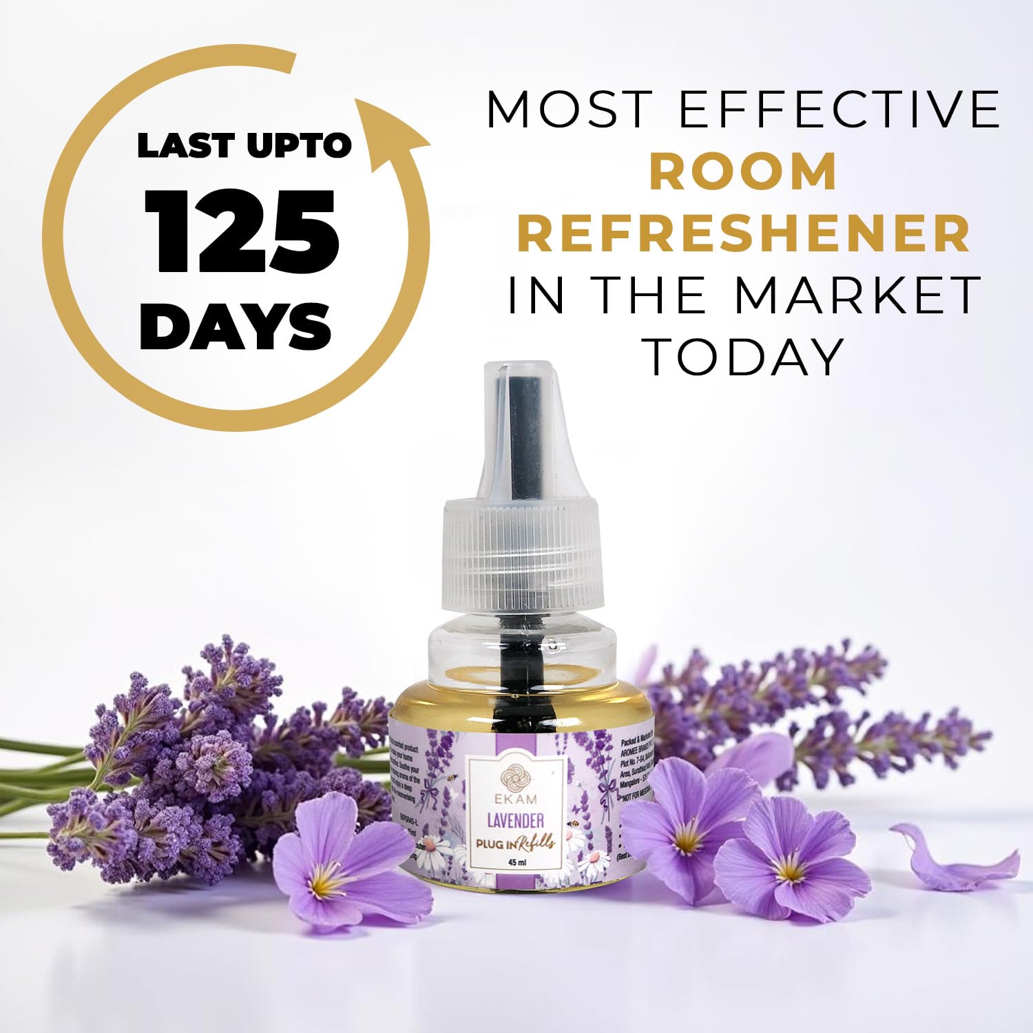 EKAM Plug-In Air Freshener Kit (Machine + 45ml Refill) | Lavender Scent | Long-Lasting Aroma for 125 Days / 500 Hours | Ideal for Rooms & Bathrooms