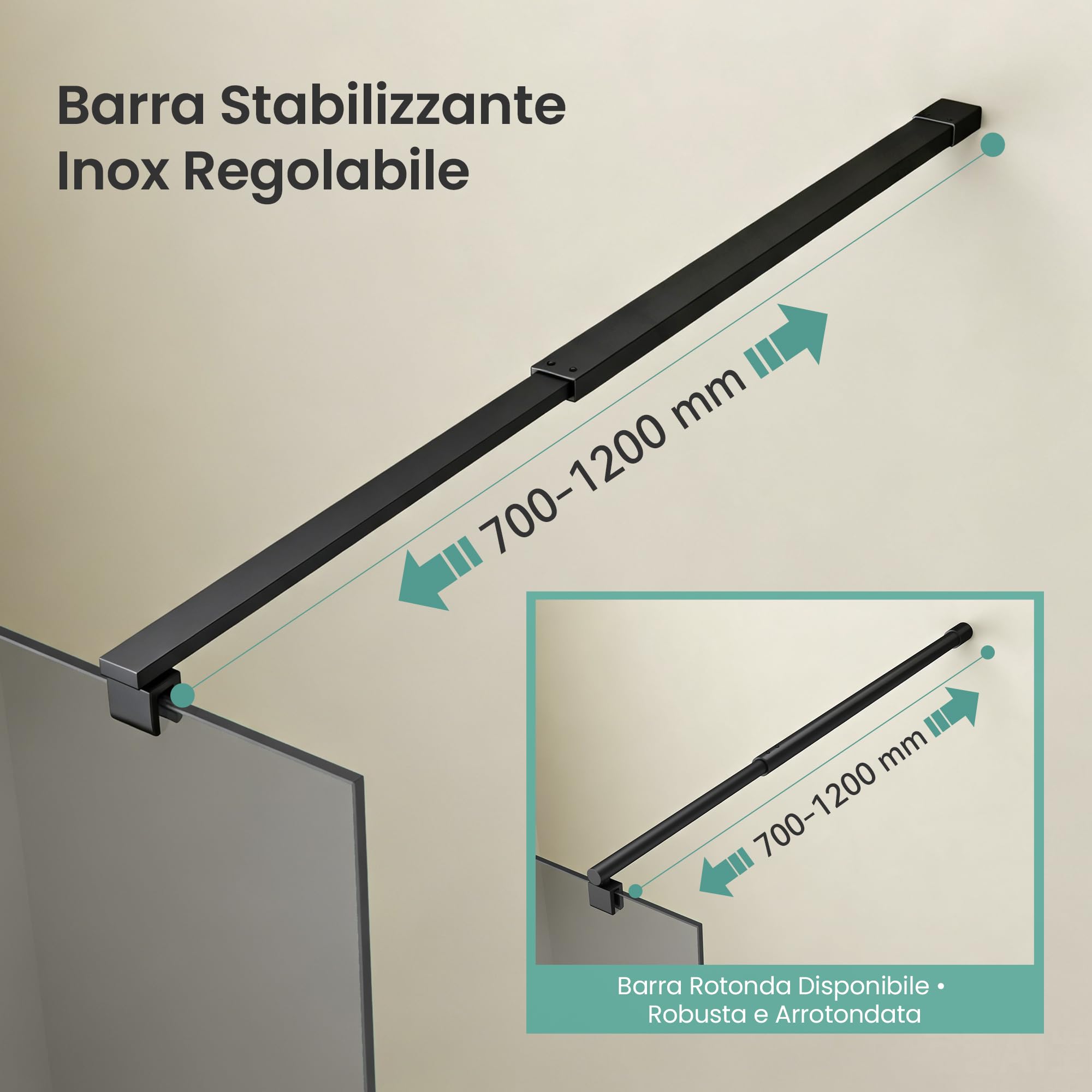 Mai & Mai Box Doccia Walk-In 140x200cm, Parete Doccia in Vetro Grigio 10mm Vetro di Sicurezza ESG con 2 Bracci Sostegni Telescopici MMBR3 Nero