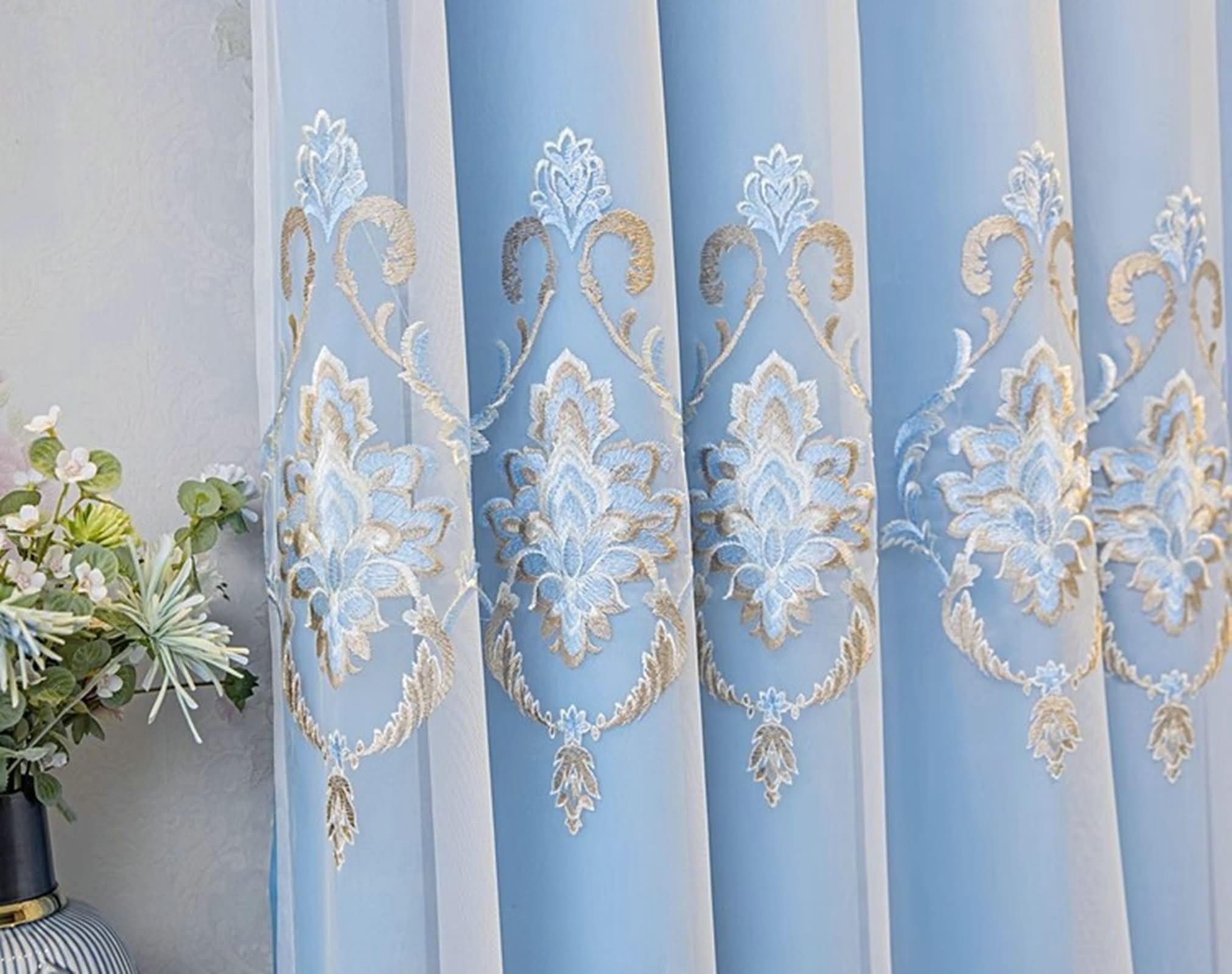 Tende Interno con Ganci, 2 x 102W x 183H CM,Tende Oscuranti Salotto 2 Pezzi Doppio Strato con Modello Pizzo Ricamo Tenda con da Interno Blu