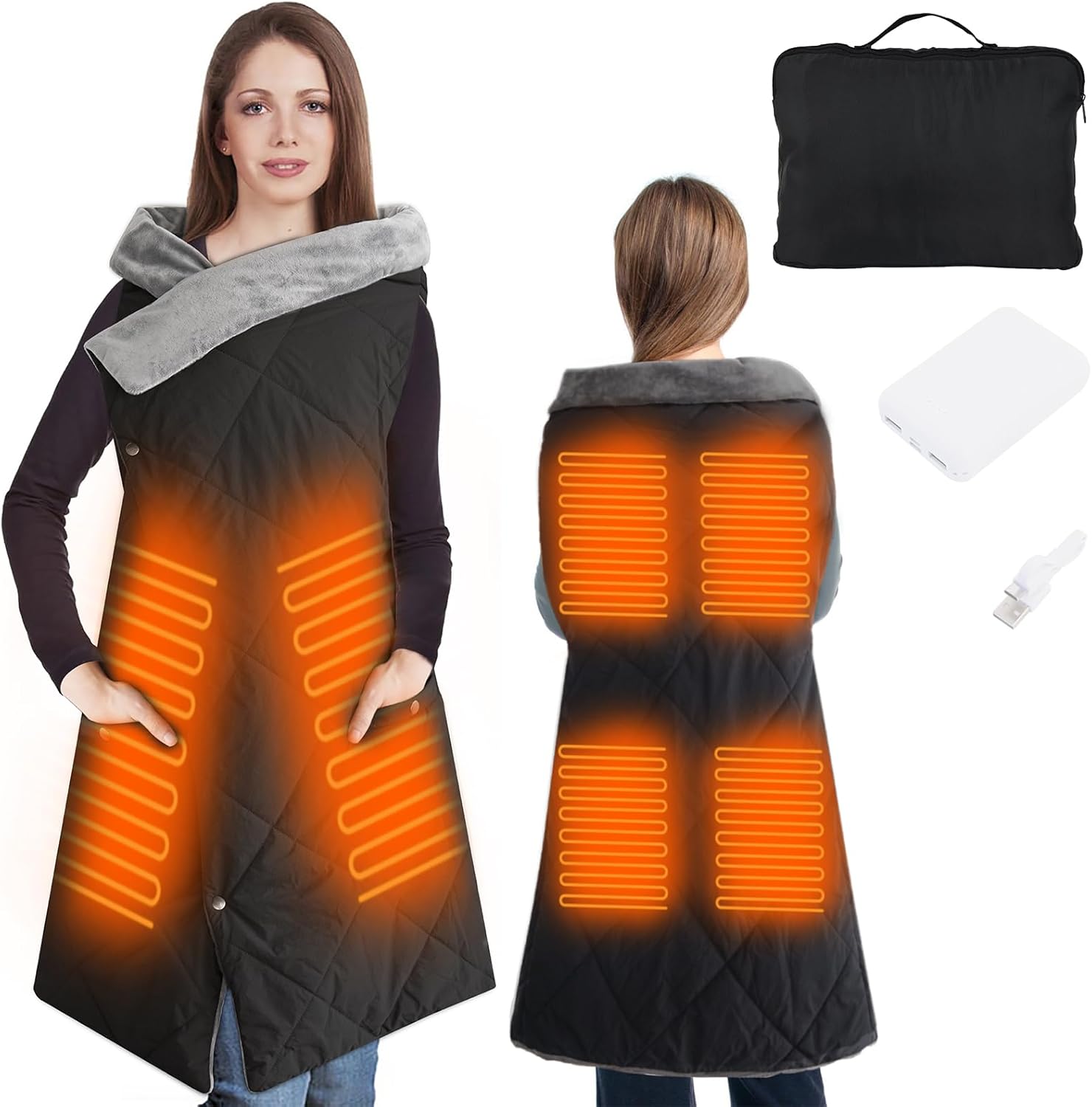Heated Blanket Battery Operated, USB Power Bank, Fast Heating Wearable Blanket for Camping, Wireless Heated Shawl Water Resistant, Portable Cordless Heated Throw Blanket, Valentine’s Day Gift