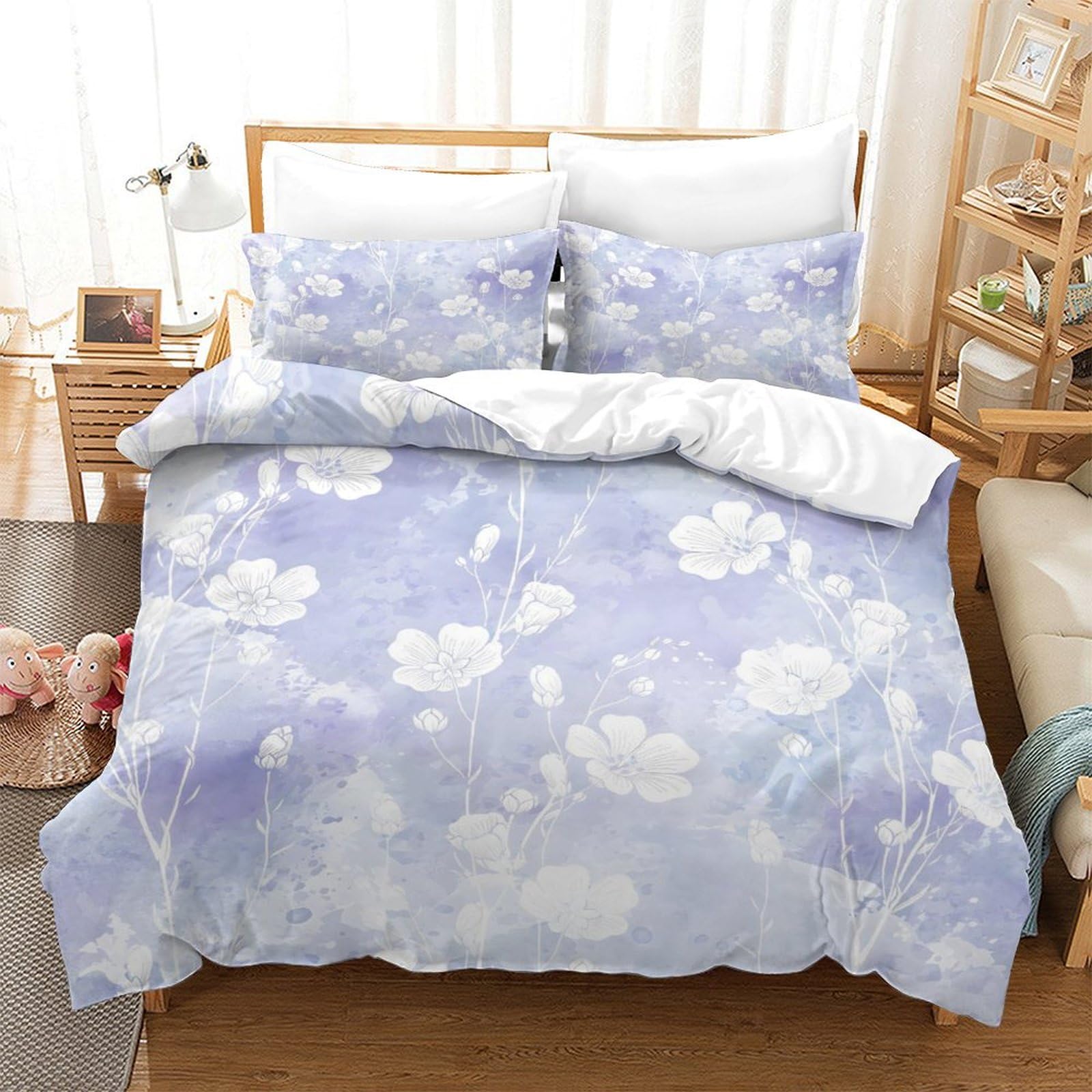LIAOHENKAN Hand Drawn Flowers - Lilac Watercolor Comforter Set Full Size for Kids Boys Girls 3Pcs Bedding Set with Zipper Closure Ultra Soft Duvet Cover Set Breathable Bedclothes Single（140x200cm）