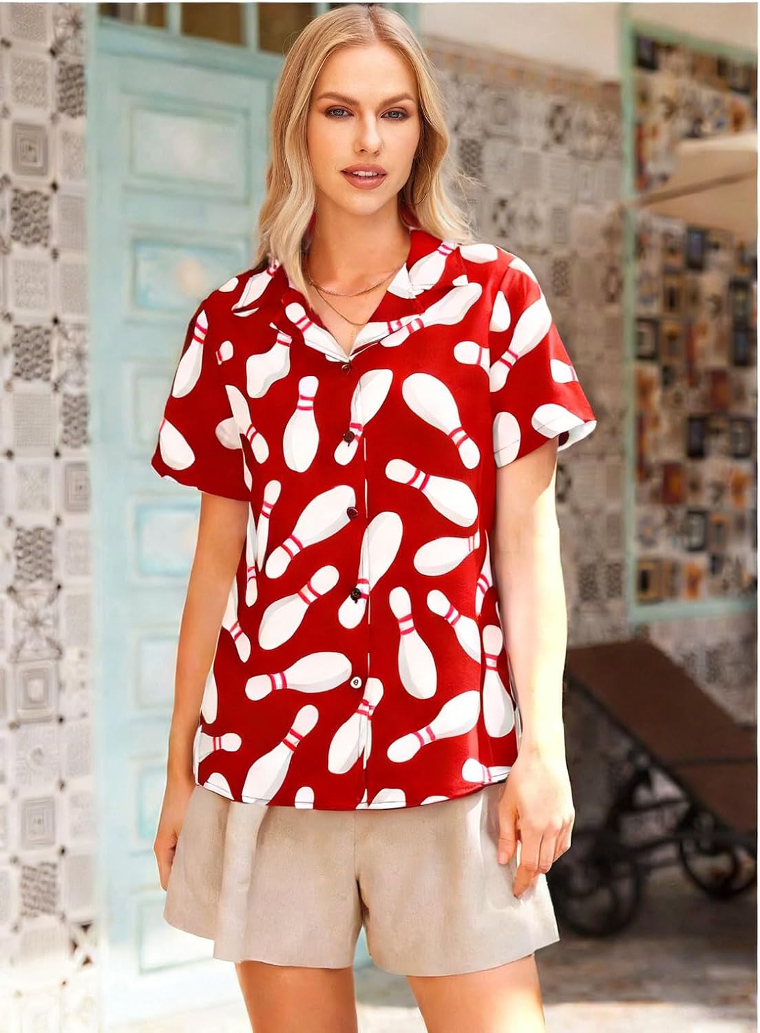 Bowling Shirts for Women Hawaiian Bowler Short Sleeve Button Up Shirt Casual Beach Summer Tee - Image 3