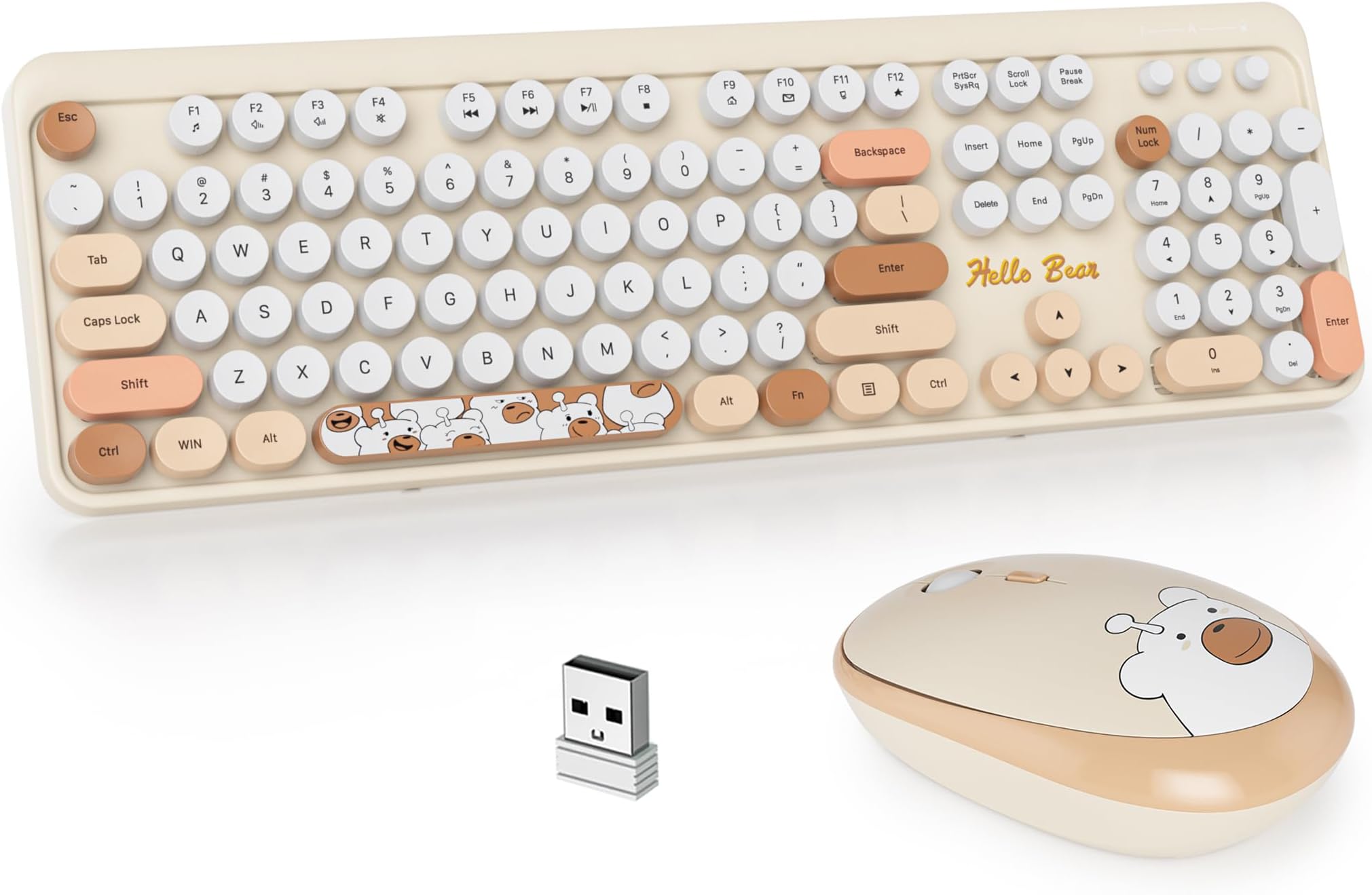 Guffercty kred GTSP Creamy Wireless Keyboard and Mouse, Typewriter Office Full-Sized Colorful Keyboard 2.4G Cute Aesthetic Keyboard for Computer, Laptop, PC Desktops（Brown）