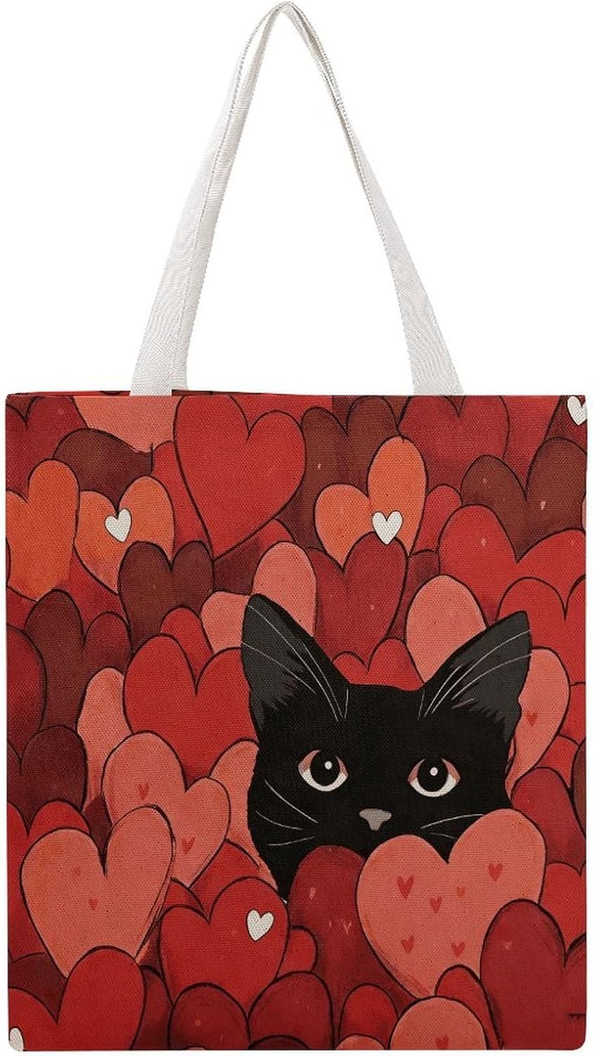 Red Heart Black Cat_ Canvas Tote Bag Reusable Grocery Bags Foldable Soft Cotton Shoulder Carry Bag