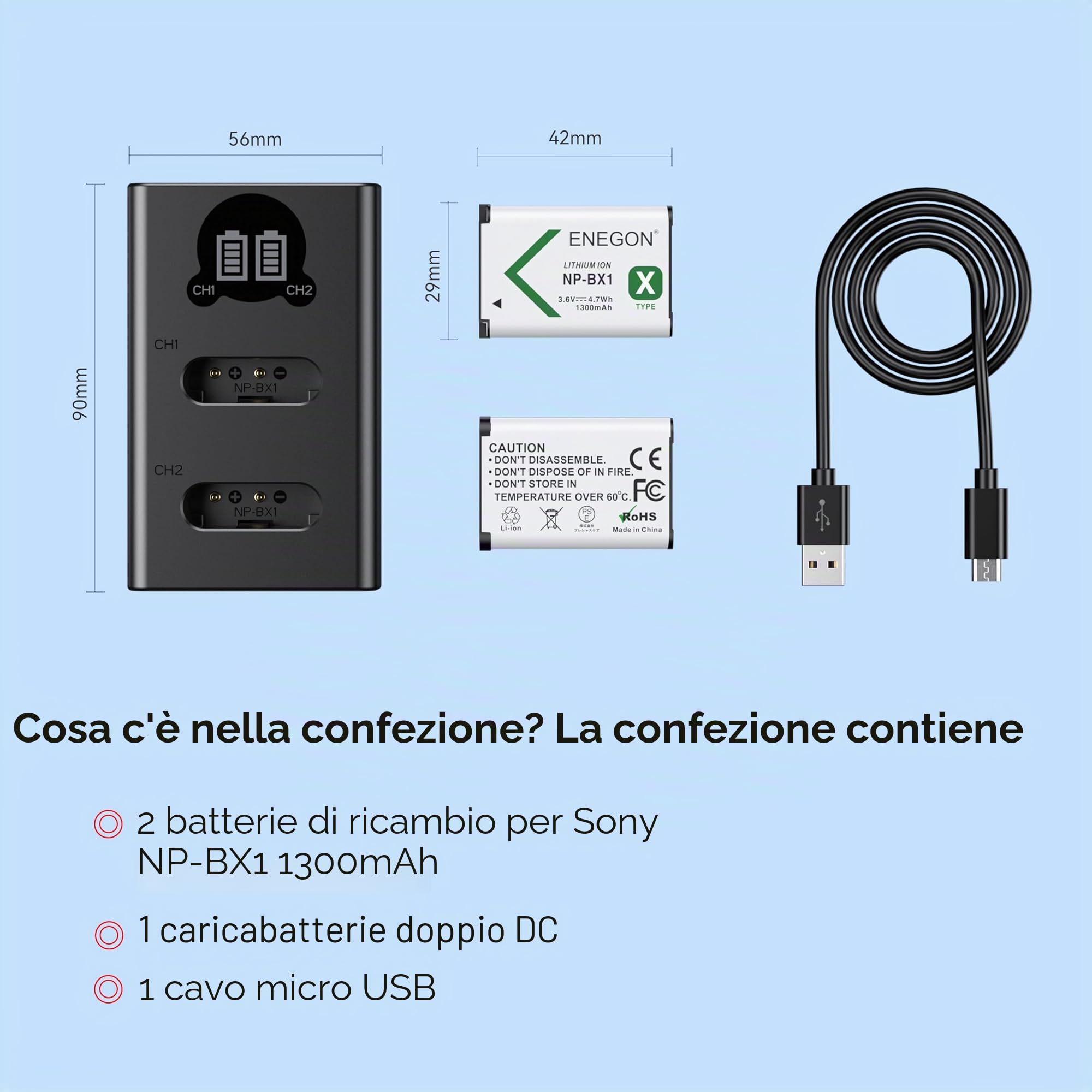 ENEGON NP-BX1 Kit Batteria (1300mAh Pacco da 2) e Caricatore LCD Compatibile con Sony NP-BX1, Sony ZV-1, Cyber-Shot DSC-RX100, DSC-RX100 II/III/M4/M5/M6/M7/Ⅳ/Ⅴ/Ⅵ/Ⅶ/VA, DSC-RX100M II, HDR-CX405