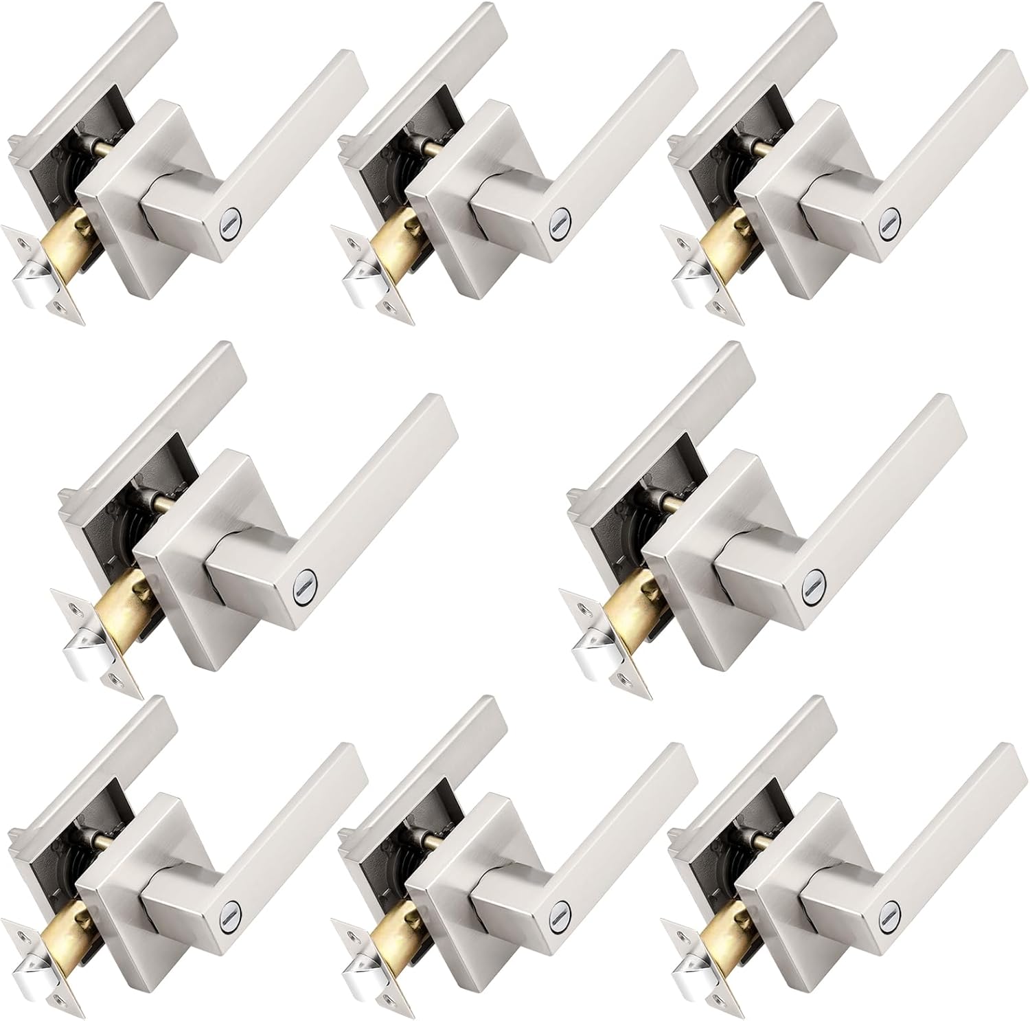 Probrico Interior Brushed Nickel Door Handle, Heavy Duty, Flat Square Privacy Door Handles, Keyless Door Levers Lockset for Bedroom and Bathroom, 8 Pack