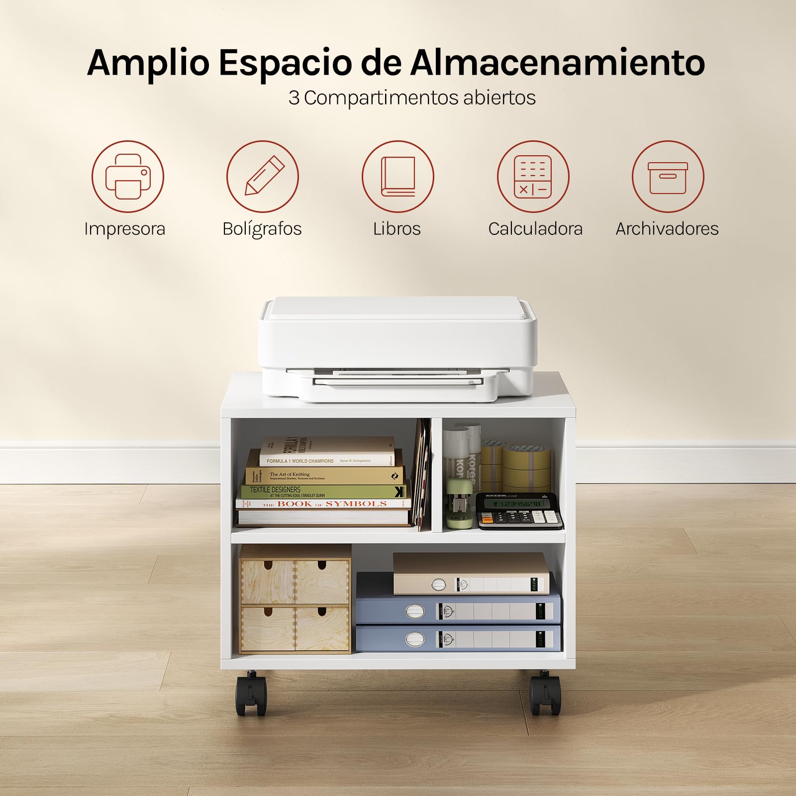 WOLTU Mesa para Impresora con Ruedas, Soporte de Impresora, Estanteria Movil para Oficina, con 3 Compartimentos, Carro Movil, 40x30x35 cm, Blanco, ASK06ws