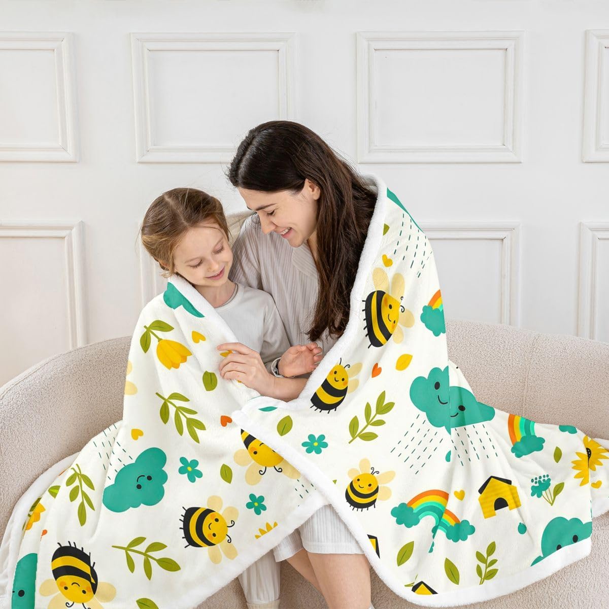 Feelyou Yellow Bees Sherpa Blanket Plush Fuzzy Rainbow Flowers Fleece Throw Blanket Boys Girls Animals for Bed Couch Chair Living Room Bedroom Decor Twin 60"x80" image 4