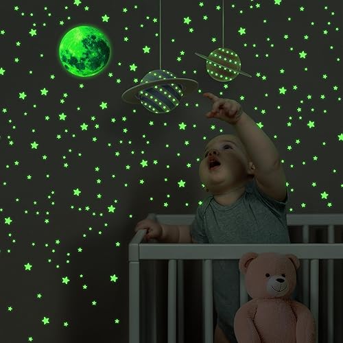 Miniatura 9 de YASUEBI 447 calcomanías de estrellas que brillan en la oscuridad, decoración luminosa, 3D para techo, puntos para cielo estrellado estrellas