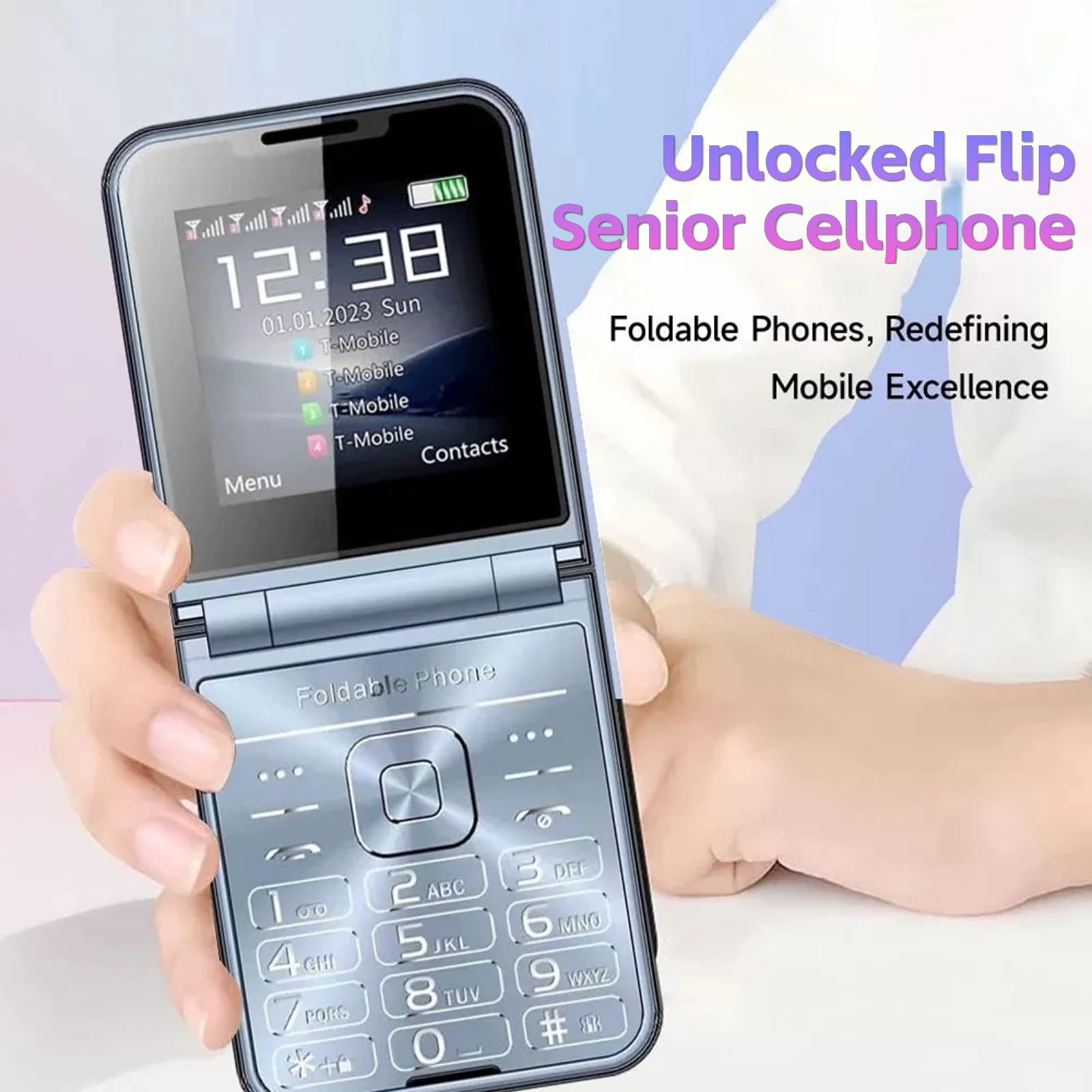 Telefon komórkowy dla seniorów z klapką, konstrukcja z klapką, podwójny ekran, duże przyciski, szybkie wybieranie, czysty dźwięk, kamera HD, Latarka LED (fioletowa)