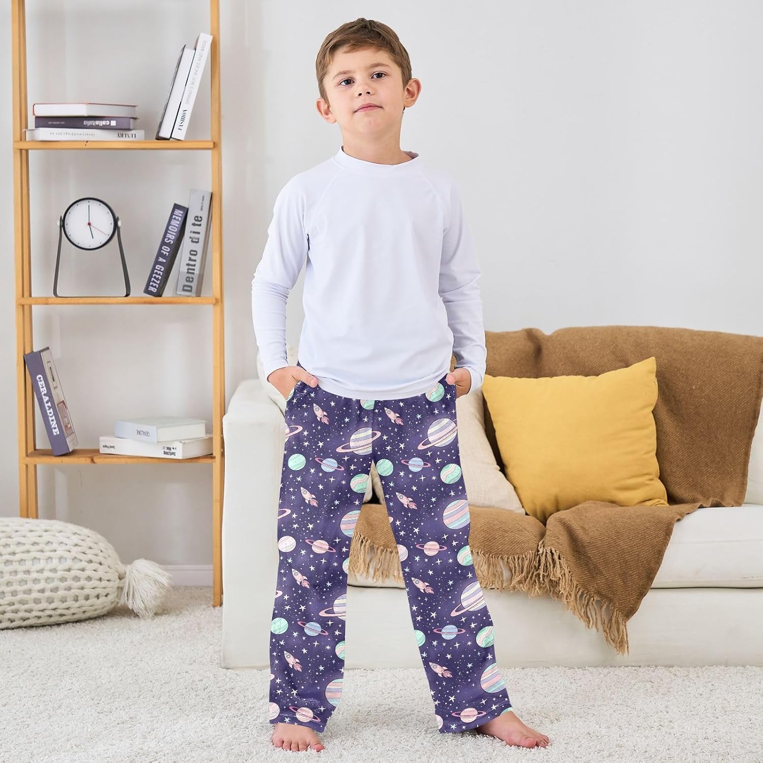 Space Planets Dark Purple Print Plush Pajama Pants Sleepwear Bottoms Lounge Fleece Pants with Elastic Waist, S-XL